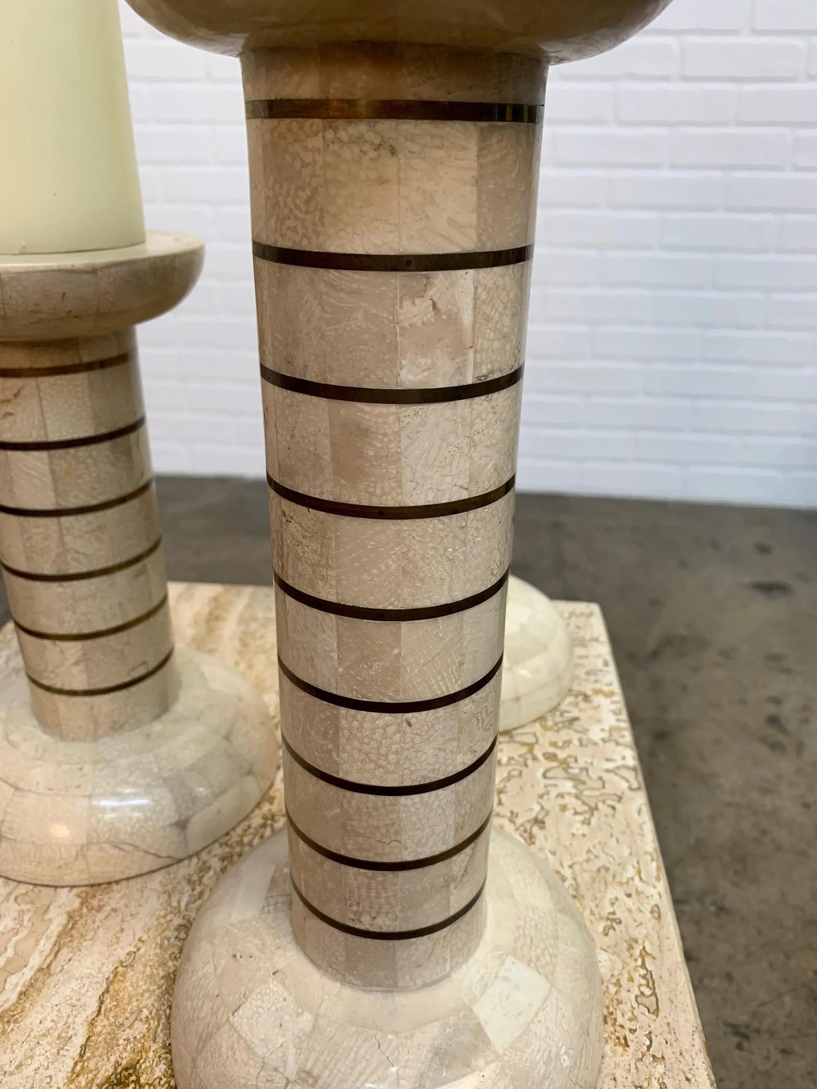 Tessellated Stone and Brass Candlesticks - Set of 3 - 8
