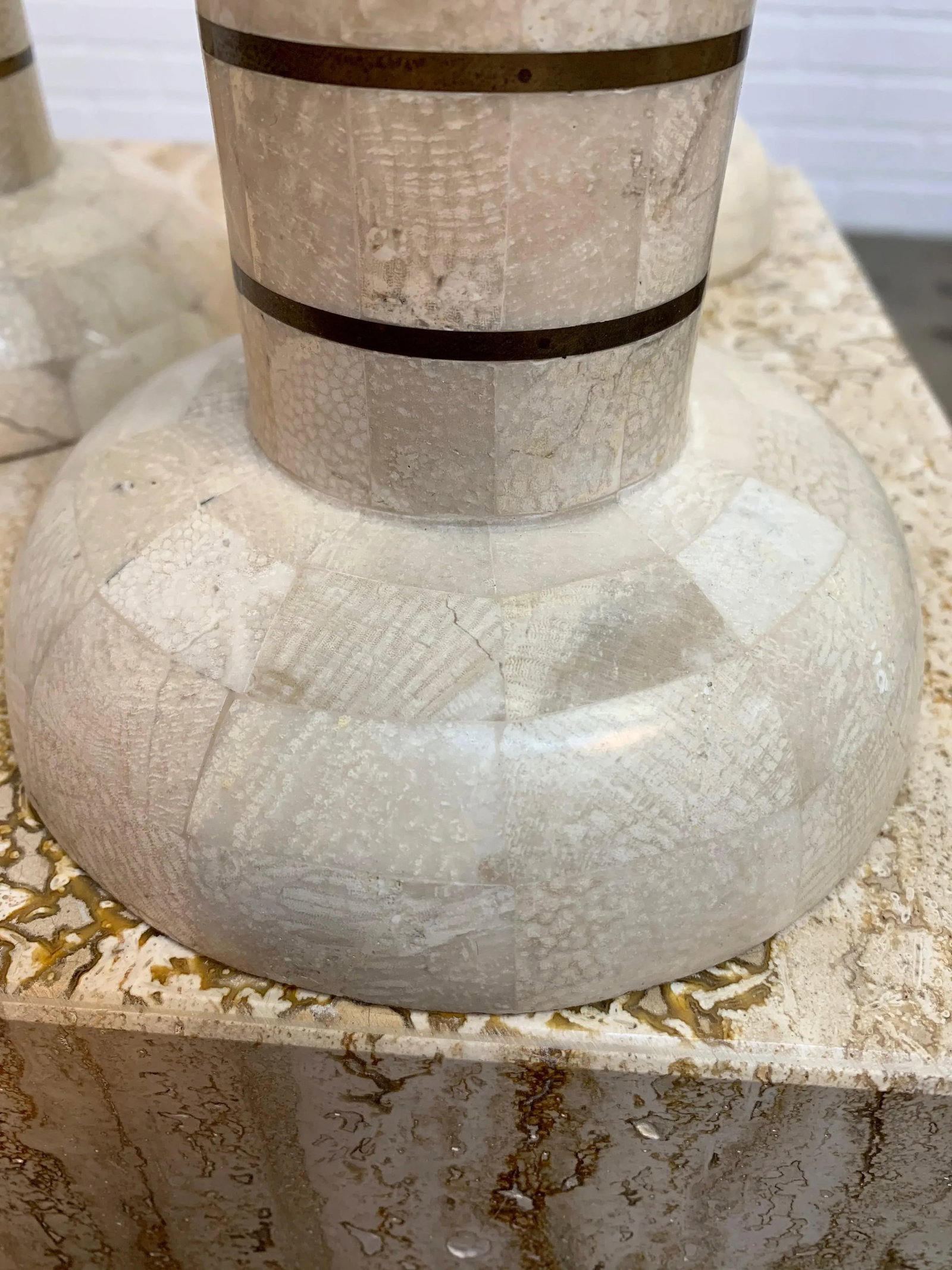 Tessellated Stone and Brass Candlesticks - Set of 3 - 9