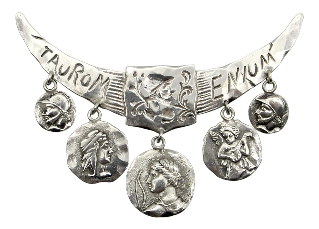 Late 19th Century Victorian Whiting Sterling Silver Etruscan/Homeric Multi-Medallion Pin: In the 1860's and 1870's, neoclassicism had a resurgence. In American silver, classical images of Greek gods, goddesses, and warriors were portrayed on medallions to resemble coins and currency. Every