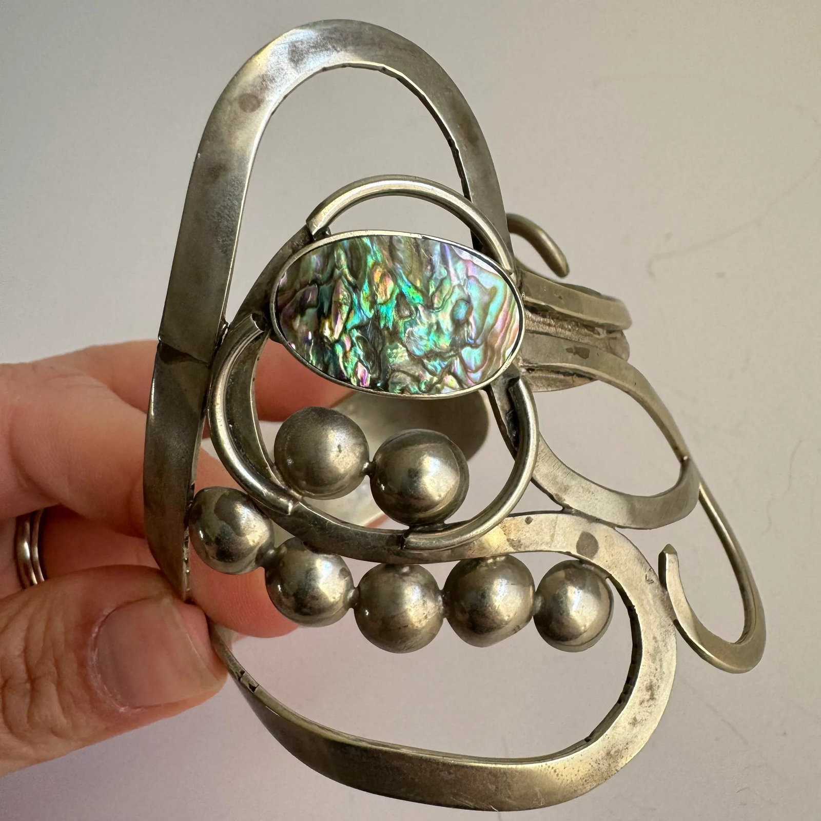 Vintage Abalone Shell Bracelet Artisan Freeform Silver Large Cuff MCM Modernist - 10