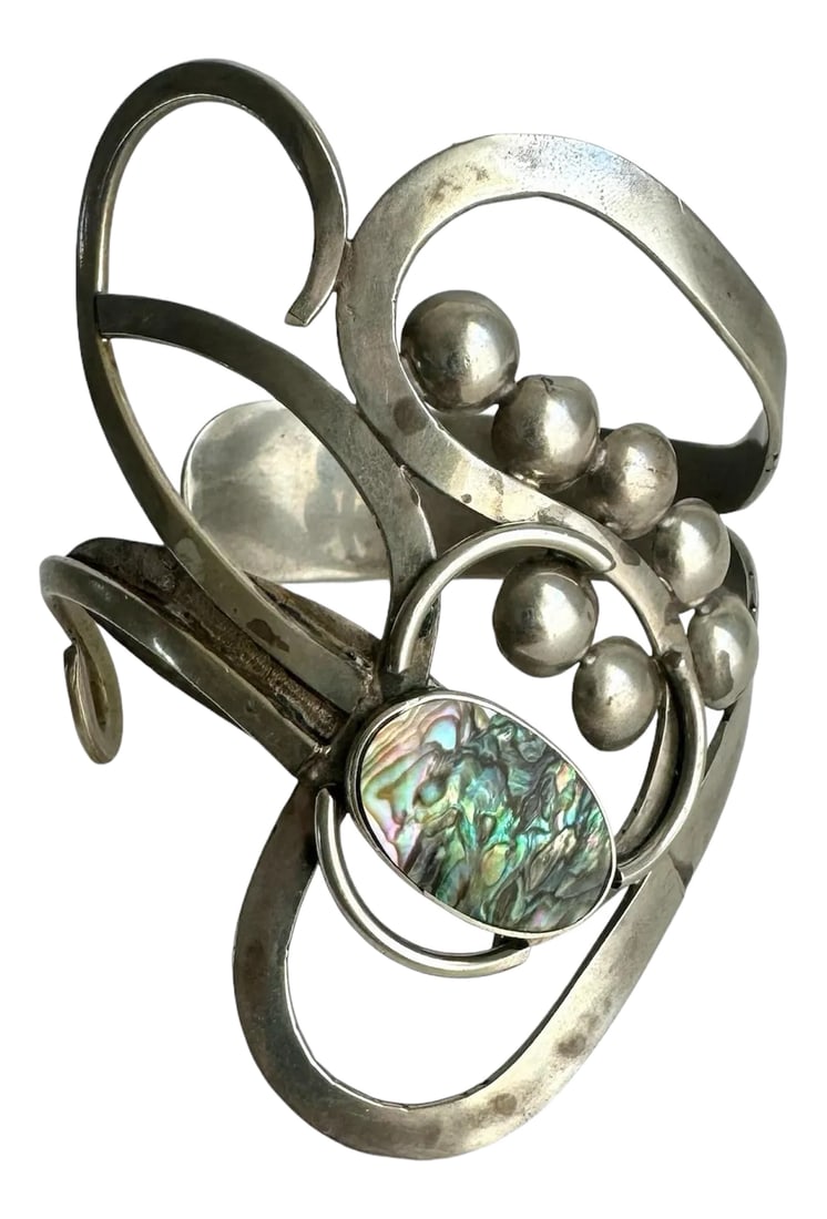 Vintage Abalone Shell Bracelet Artisan Freeform Silver Large Cuff MCM Modernist: Vintage Abalone Shell Bracelet Artisan Freeform Silver Tone Large Statement Cuff Modernist Large size handmade scroll design cuff bracelet, such a unique stunning piece! Interior measures approx 7.5",