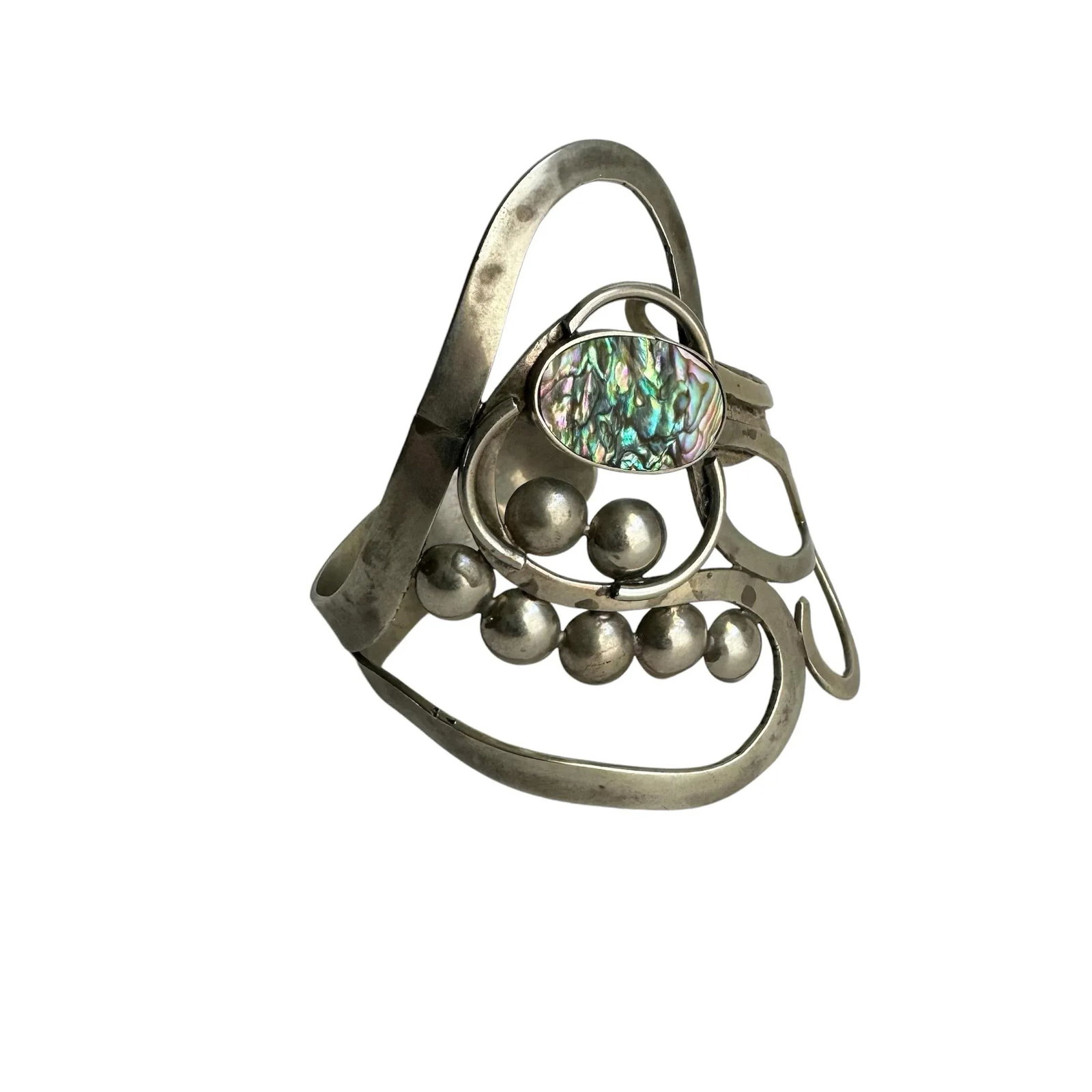 Vintage Abalone Shell Bracelet Artisan Freeform Silver Large Cuff MCM Modernist - 2