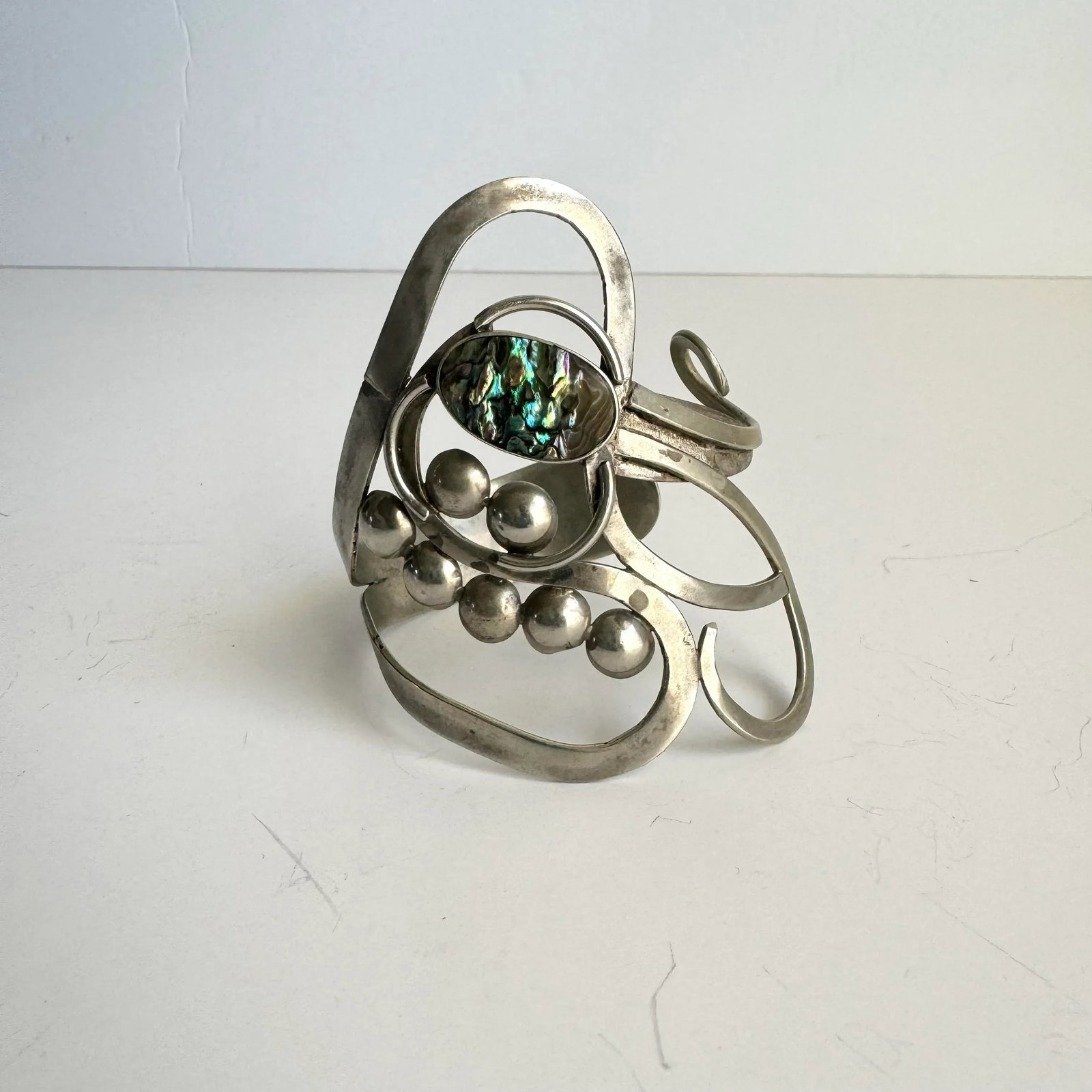 Vintage Abalone Shell Bracelet Artisan Freeform Silver Large Cuff MCM Modernist - 3