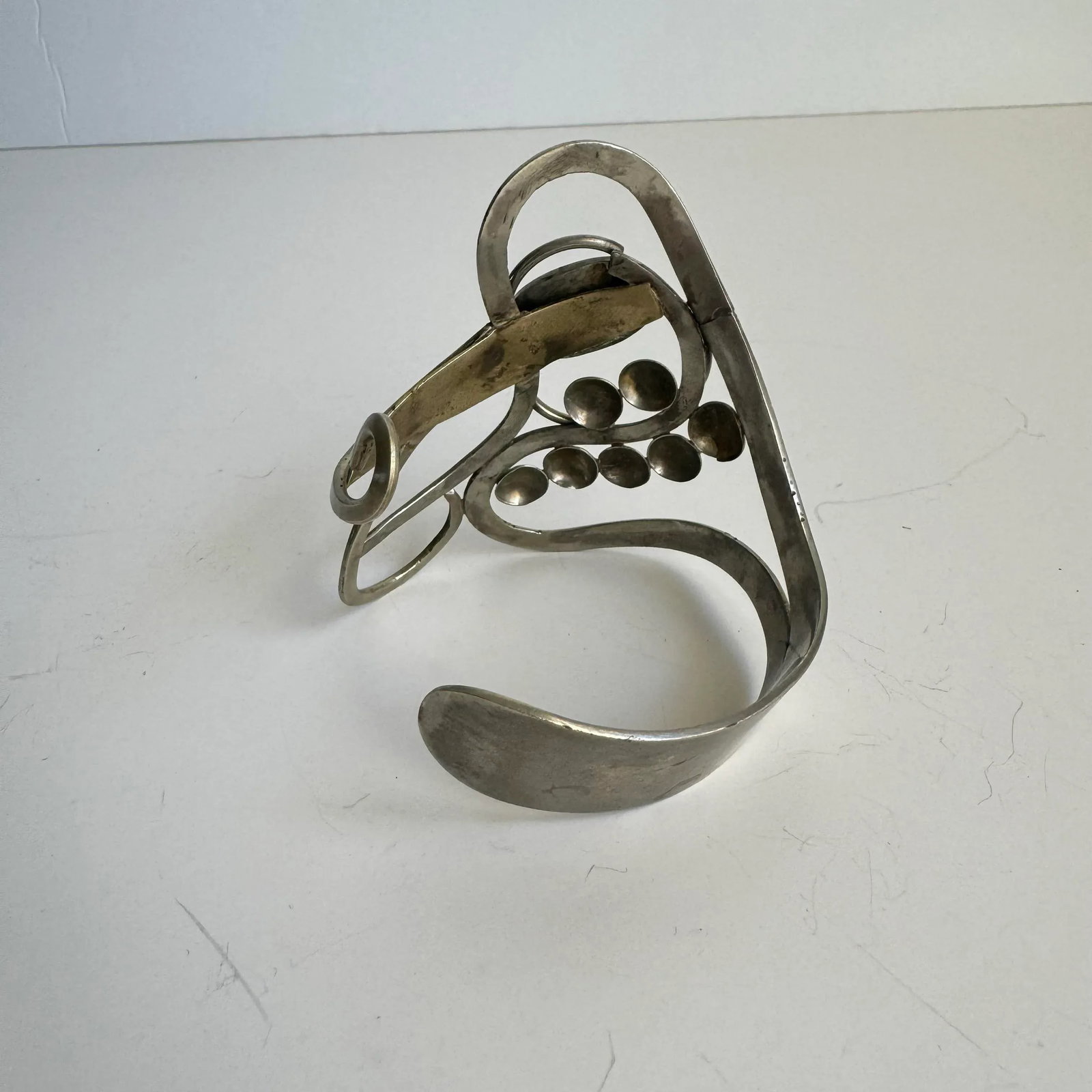 Vintage Abalone Shell Bracelet Artisan Freeform Silver Large Cuff MCM Modernist - 5