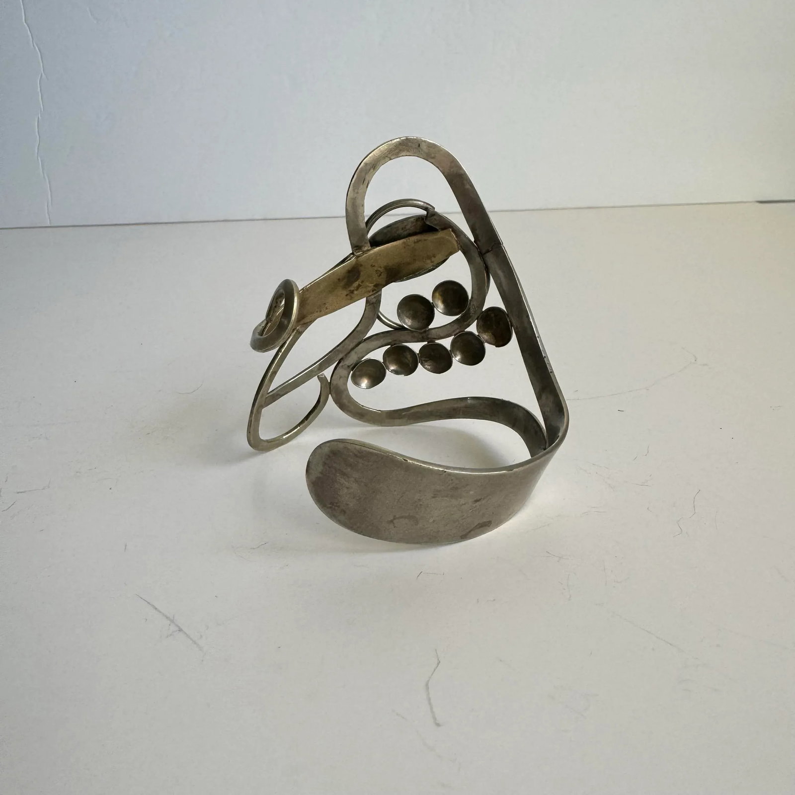 Vintage Abalone Shell Bracelet Artisan Freeform Silver Large Cuff MCM Modernist - 6