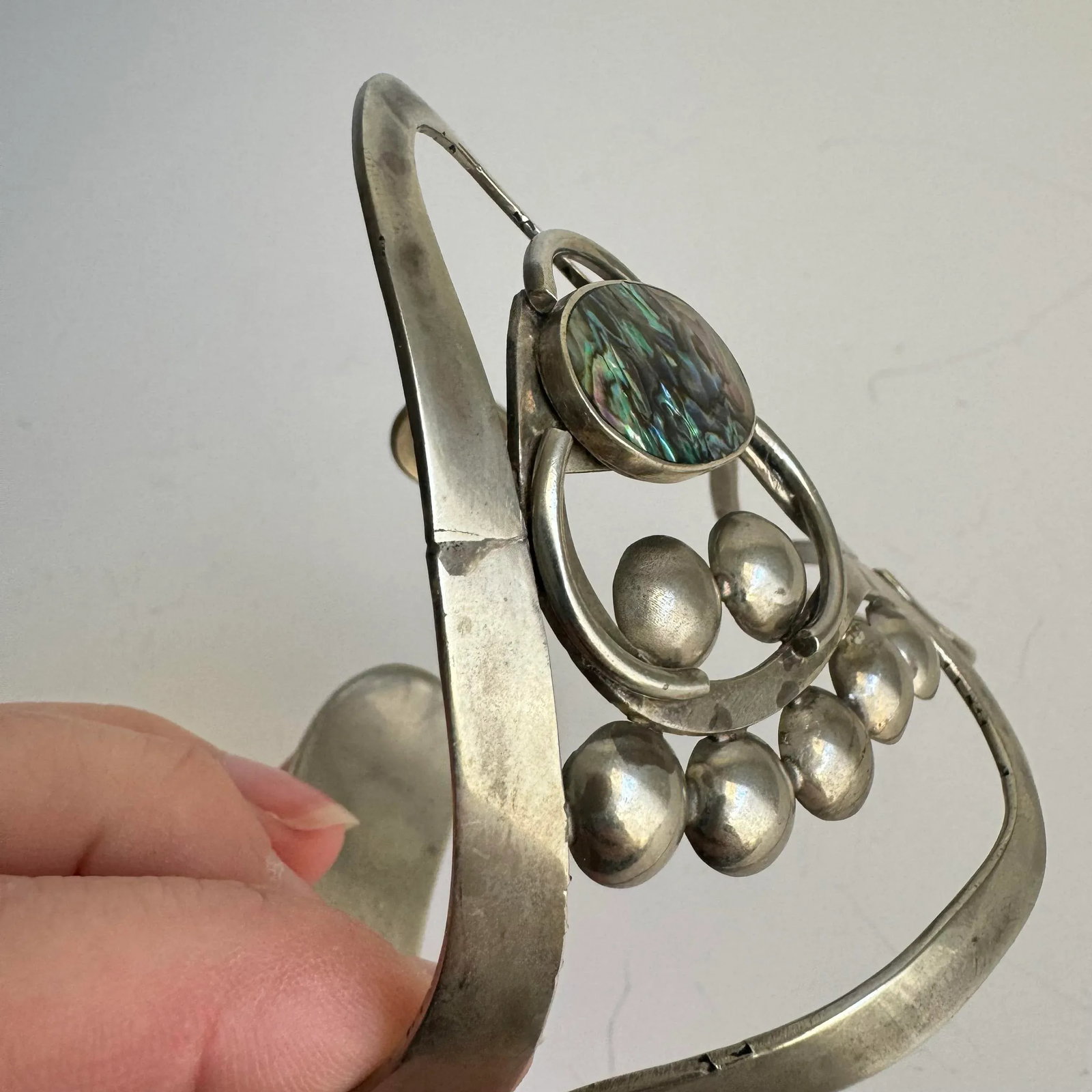 Vintage Abalone Shell Bracelet Artisan Freeform Silver Large Cuff MCM Modernist - 8