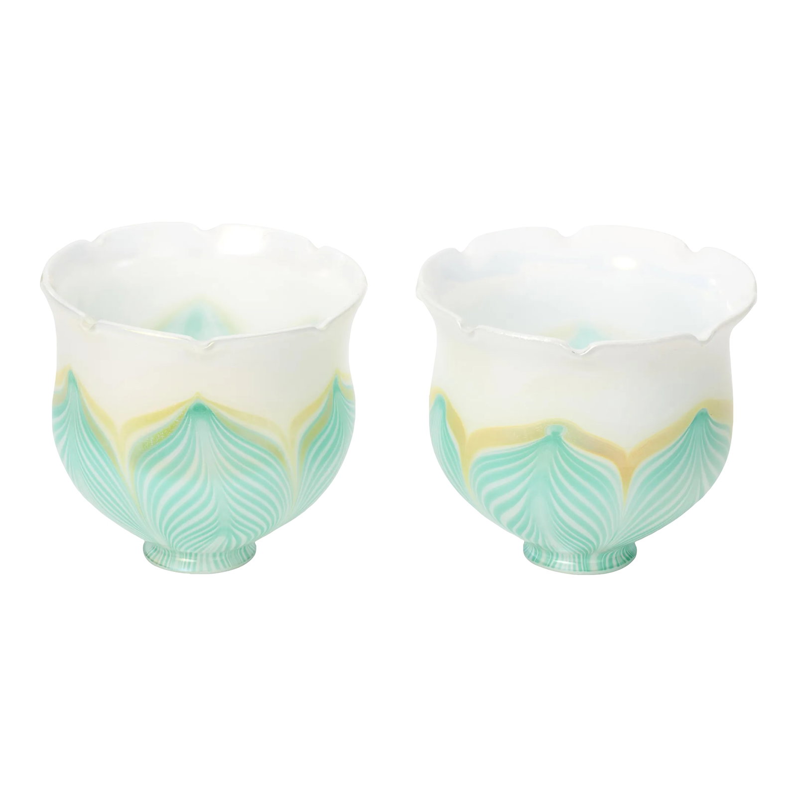 Pair of Mid 20th Century Quezal Style Art Deco Pulled Feather Glass Lamp Shades, Signed 'Vandermark': Nice floral shape bowl with hand painted pulled feather design in the outside. Fitter size is 2.25 inches. Shades are signed 'Vandermark' Condition: Alterations: Original Condition Unaltered