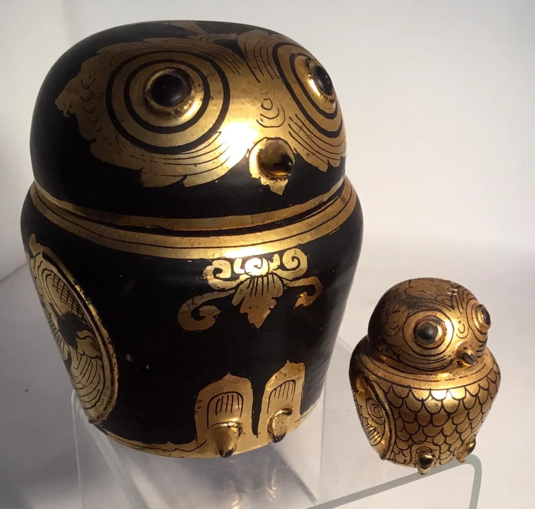 Vintage Burmese Laquer Owl Boxes - a Pair - 13