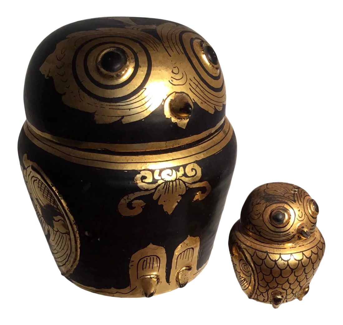 Vintage Burmese Laquer Owl Boxes - a Pair: Cute family of owls from Burma . Black laquer with gilt and hand-painted details . Large owl is 4.25"tall , small 2". Condition: Alterations: Original Condition Unaltered Imperfections: Some Imperfect