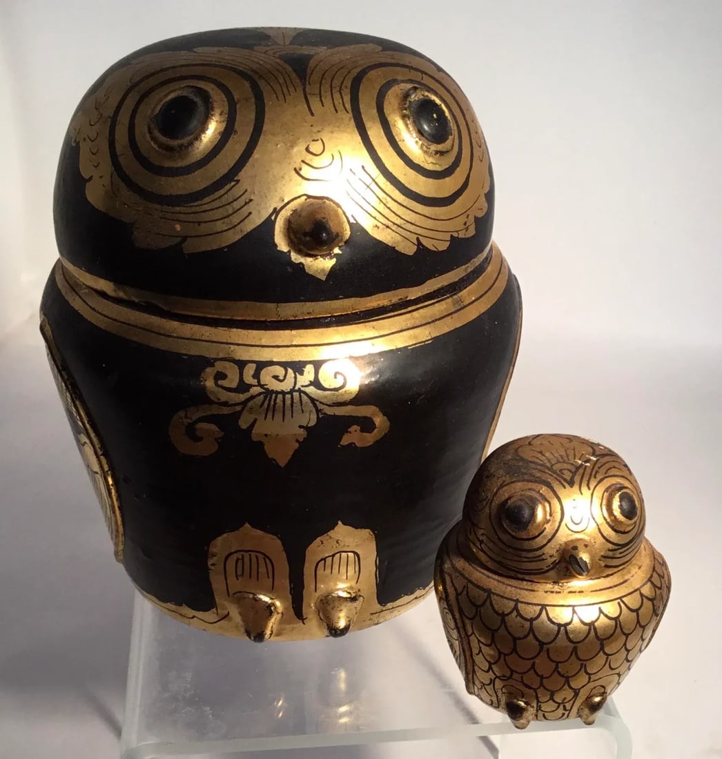 Vintage Burmese Laquer Owl Boxes - a Pair - 2