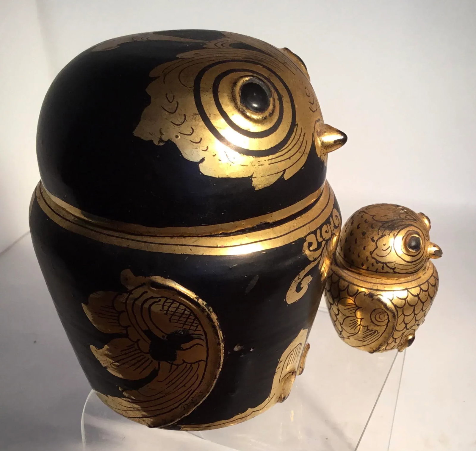 Vintage Burmese Laquer Owl Boxes - a Pair - 5