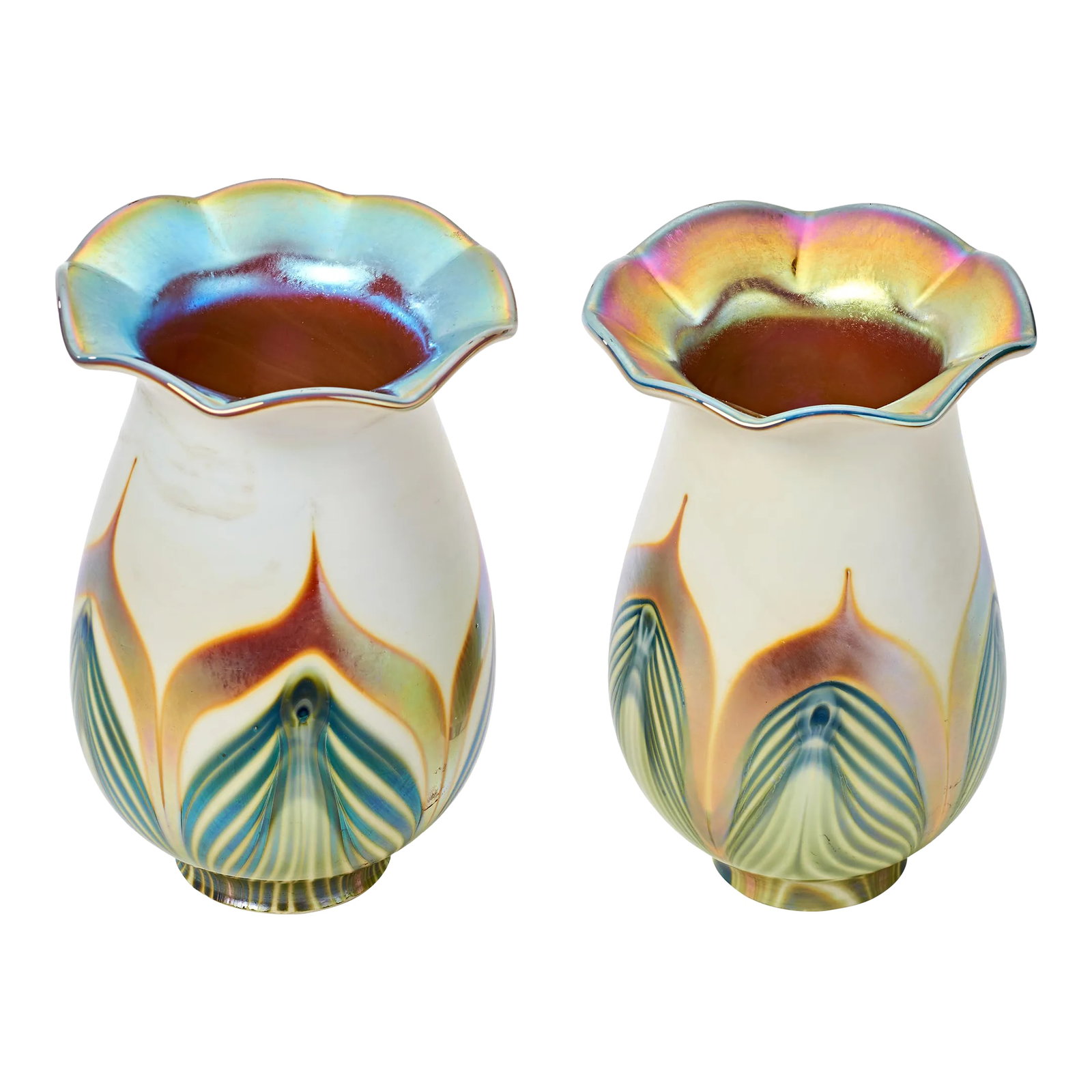 Pair of Mid 20th Century Quezal Style Pulled Feather Glass Lamp Shades: Classic pulled feather pattern with each shade showcasing the uniqueness and one of a kind quality of this hand made technique. Fitter size is 2 inches. Condition: Alterations: Original Condition Unal