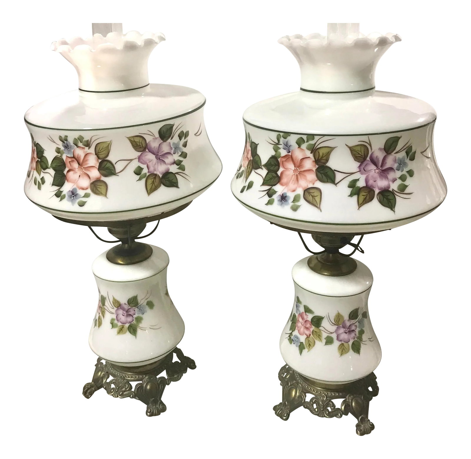 Mid Century Hurricane Lamps- A Pair: Stunning pair of 2 mid century large hurricane lamps. Meas: 28" tall, 14.5 Immaculate condition Condition: Alterations: Original Condition Unaltered Imperfections: Some Imperfections Condition Notes: 