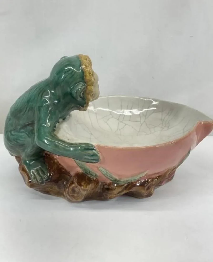 Vintage Signed Majolica Ceramic Monkey Bowl - 4
