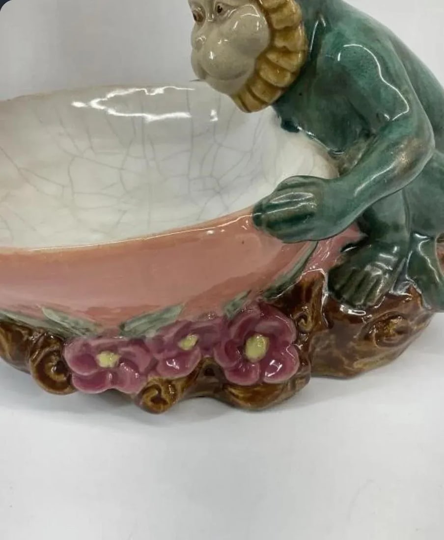 Vintage Signed Majolica Ceramic Monkey Bowl - 7