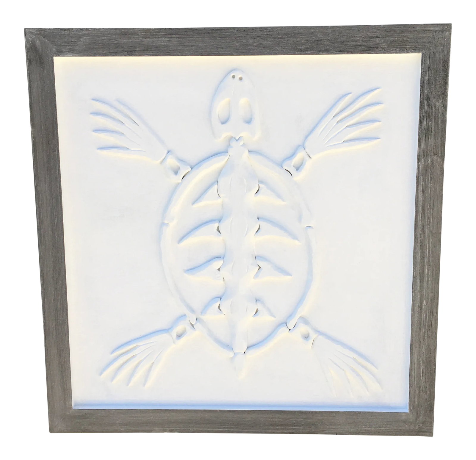 1990s John Scarola Sea Turtle Skeleton in Carved Wood on Wood Panel: Contemporary art by John Scarola Sea Turtle Skeleton in carved wood on wood panel, framed. Modern minimalist Beach house style 34"h 33"w 1.5"d Condition: Imperfections: No Imperfections Condition