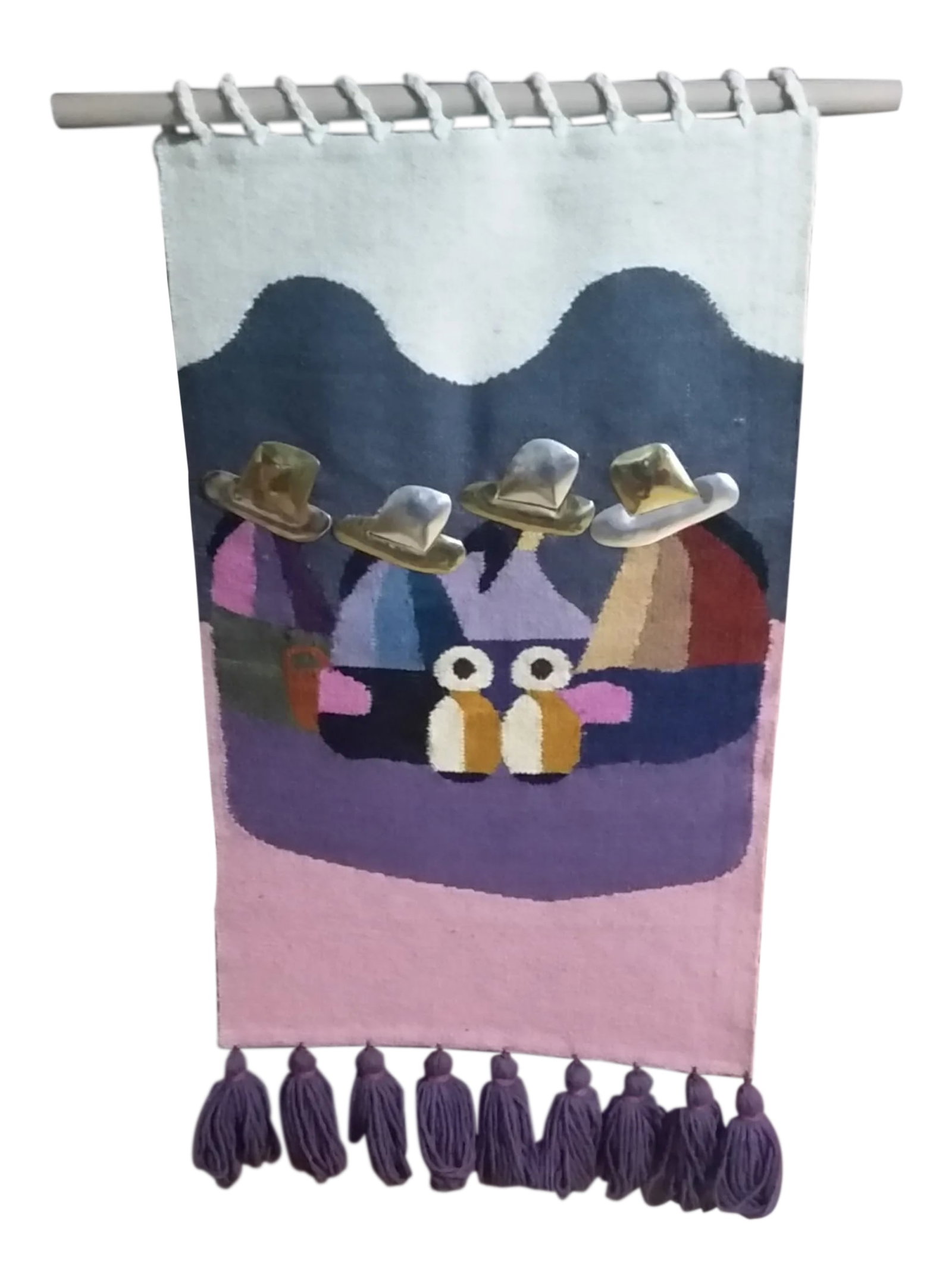 1970s Vintage Olga Fisch Mixed Metal & Wool Tapestry: Here's a nice tapestry from the Folklore studio of Olga Fisch, Quito, Ecuador. It features women in native costume with their hats consisting of brass and silver wash over copper metal. The metal addi