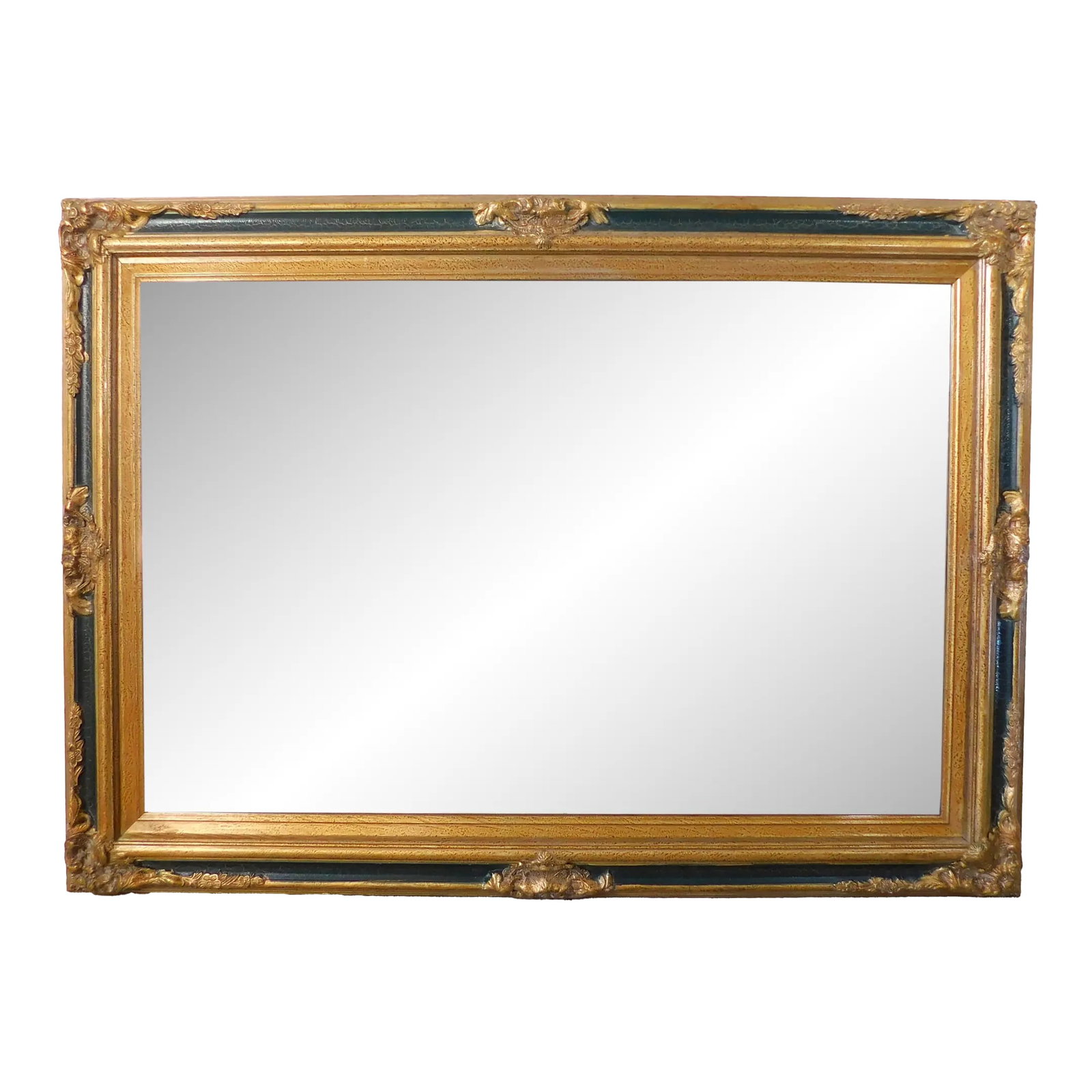Vintage Gold & Forest Green Ornate Beveled Hanging Wall Mirror: Wonderful vintage gold and forest green crackle design wood beveled hanging wall mirror. Very decorative. beautiful design. beveled edges. Ready to hang. Circa late 20th century. Measurements -