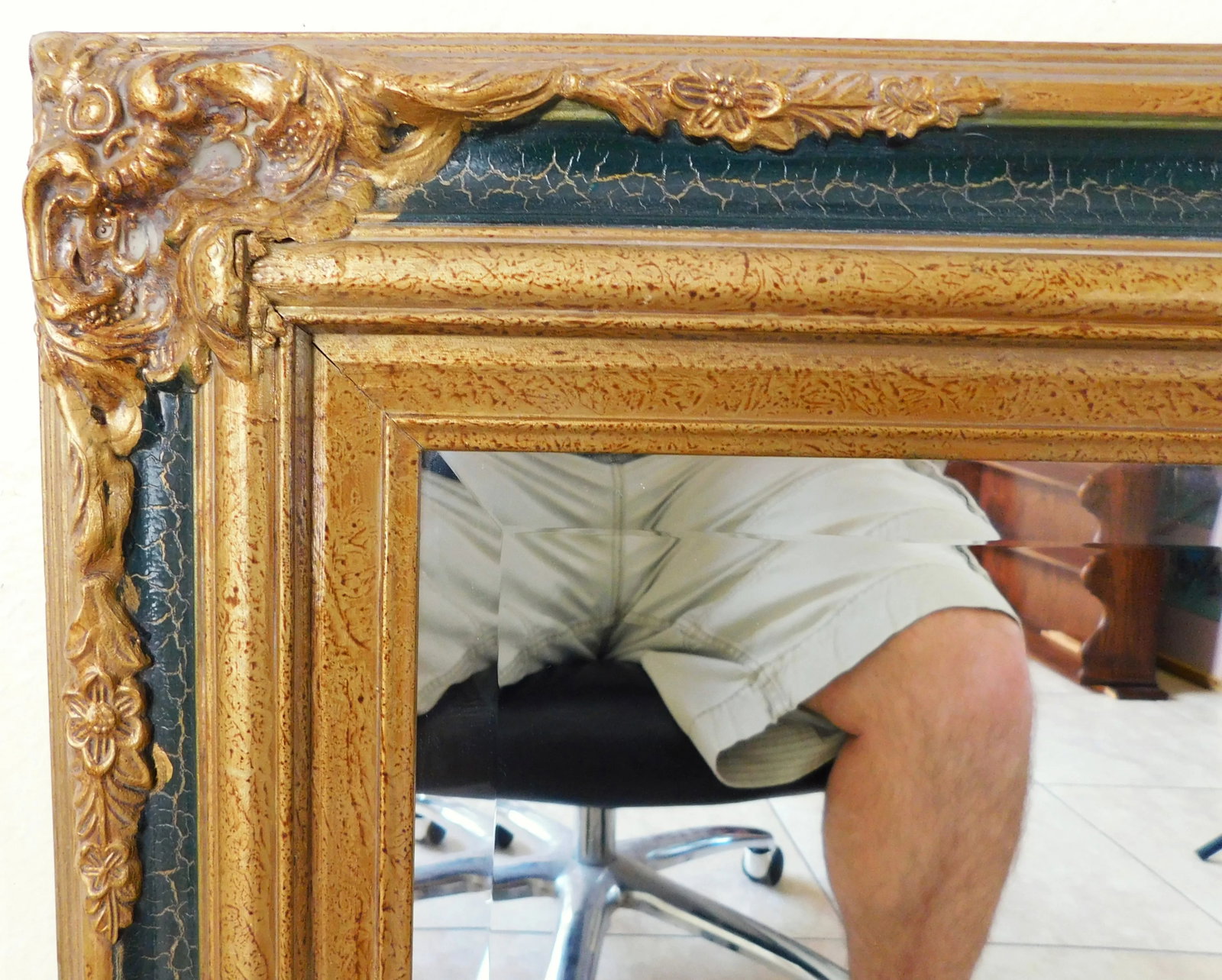 Vintage Gold & Forest Green Ornate Beveled Hanging Wall Mirror - 5