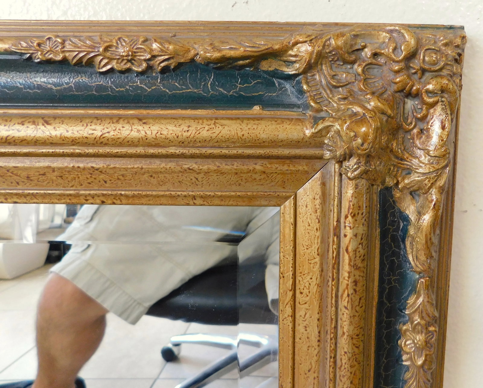Vintage Gold & Forest Green Ornate Beveled Hanging Wall Mirror - 7