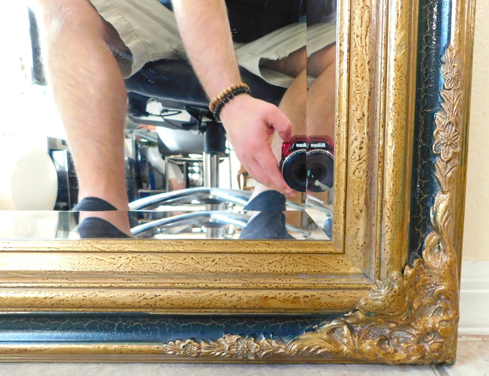 Vintage Gold & Forest Green Ornate Beveled Hanging Wall Mirror - 9