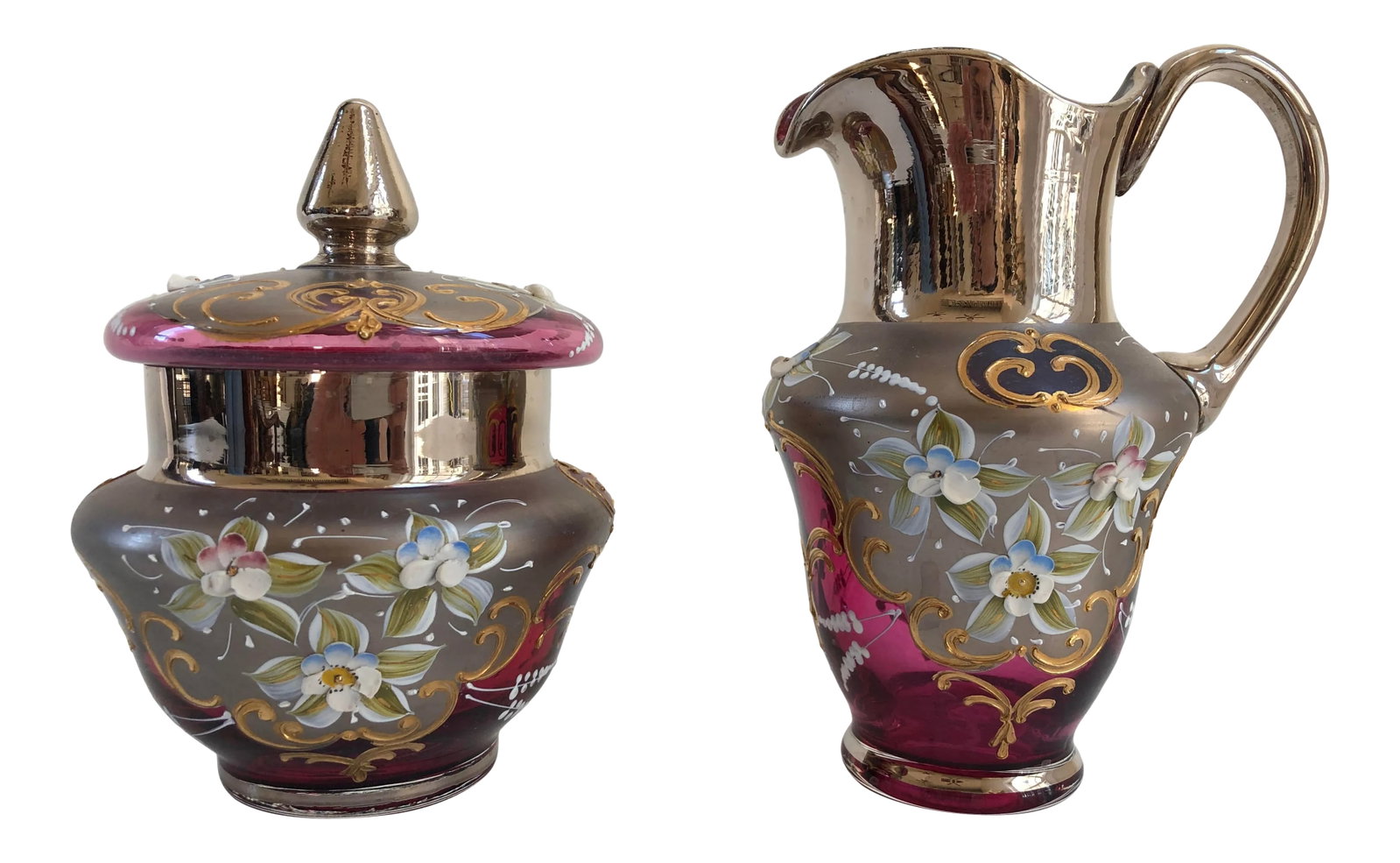 Venetian Murano Cranberry Art Glass 24k-Gold Cream and Sugar Bowl - a Pair (1 of 11)
