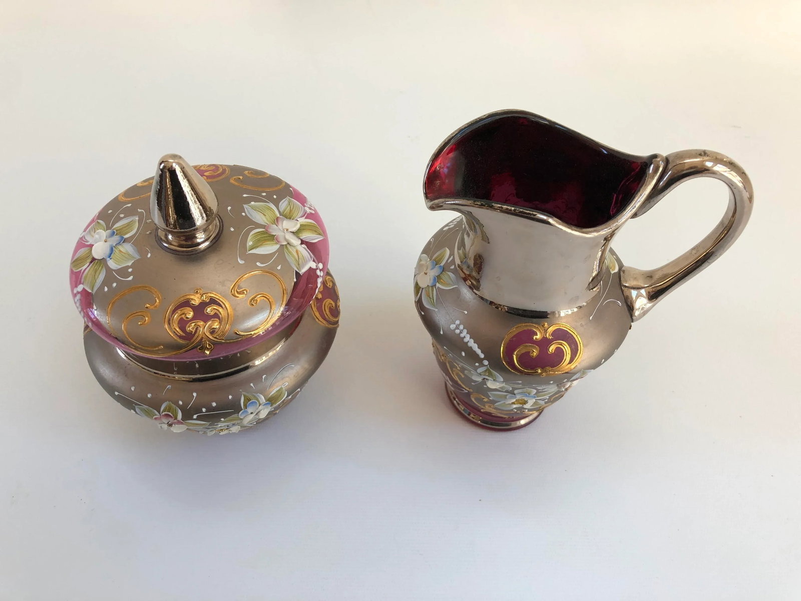 Venetian Murano Cranberry Art Glass 24k-Gold Cream and Sugar Bowl - a Pair - 4