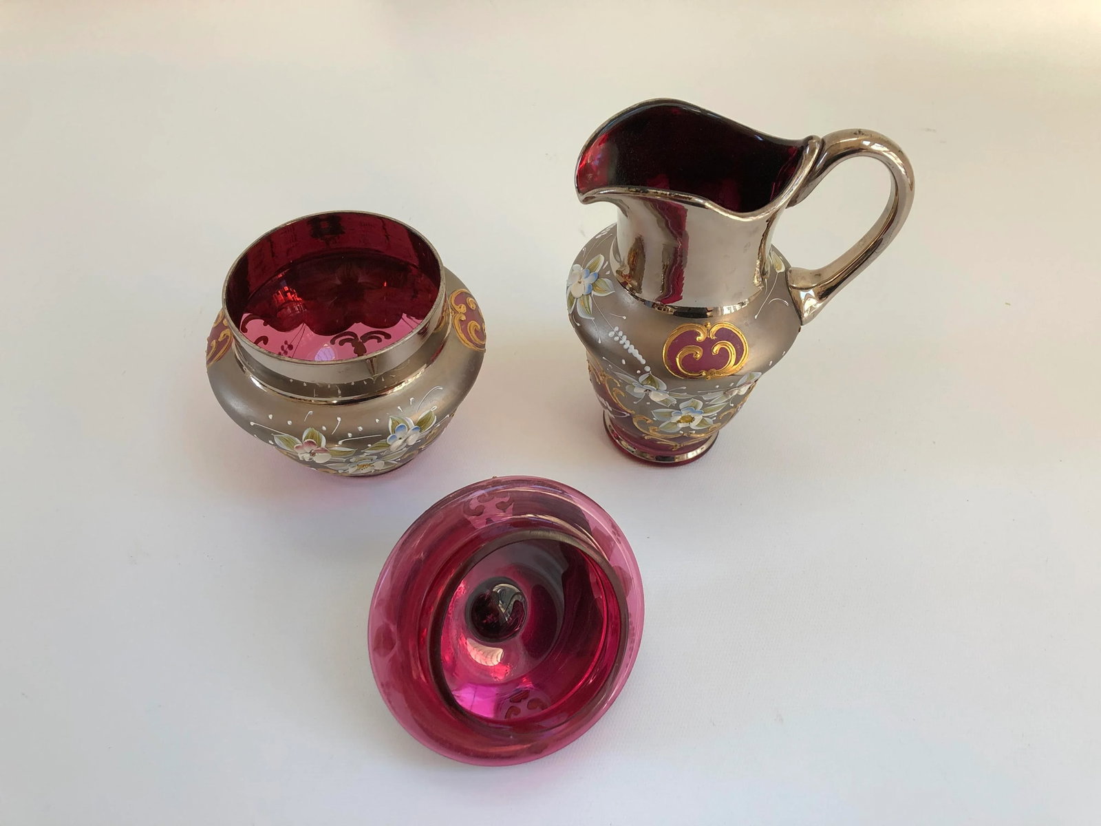 Venetian Murano Cranberry Art Glass 24k-Gold Cream and Sugar Bowl - a Pair - 5