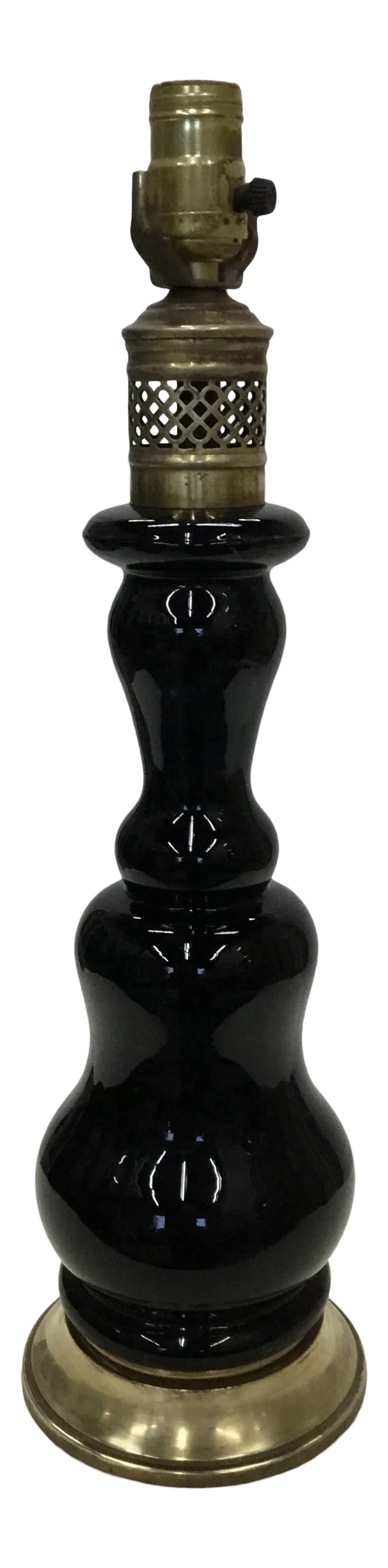 1940s Vintage Black Ceramic and Brass Table Lamp: Simple and elegant vintage black ceramic table lamp with solid brass base and neck. Excellent condition. Condition: Alterations: Original Condition Unaltered Imperfections: Some Imperfections Conditio
