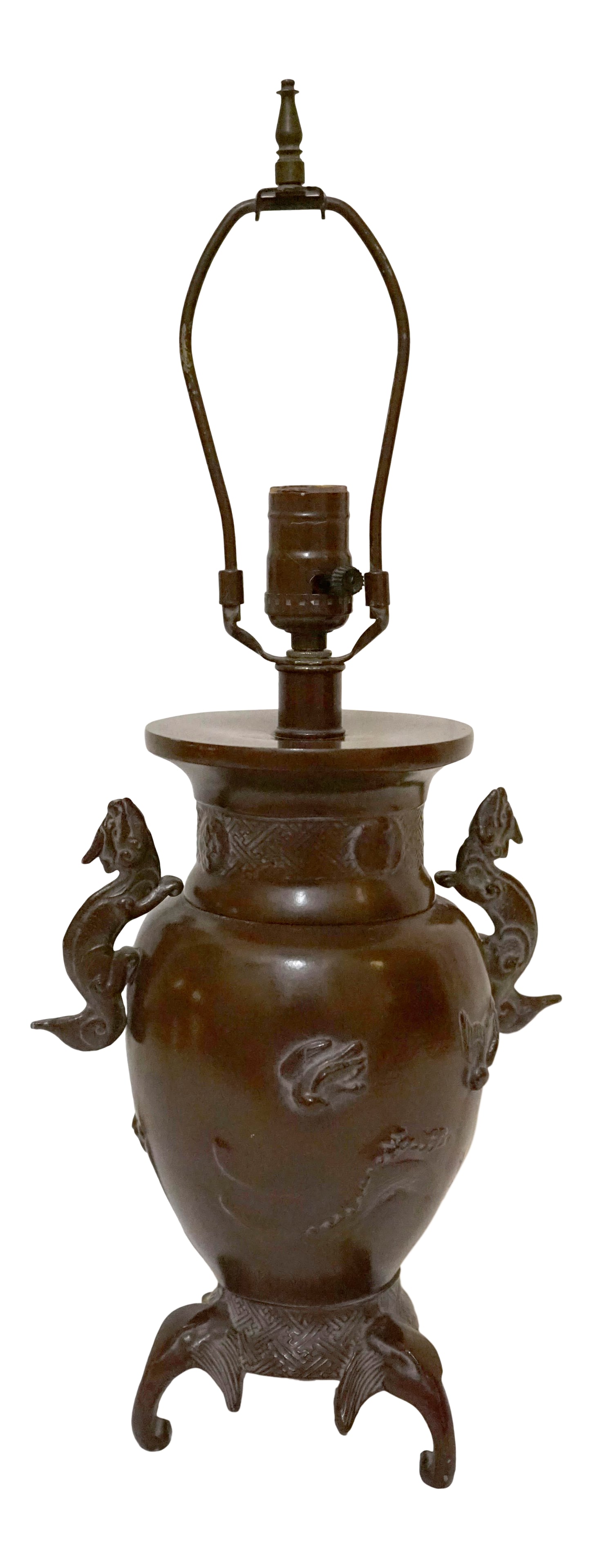 Vintage Patinated Brass Meiji Style Elephant and Dragon Lamp: I love, love, love this lamp with its serious silhouette that includes dragon/dogs and pachyderms. It is made in the style of Japanese Meiji, bronze with dragon handles. It has been rewired and