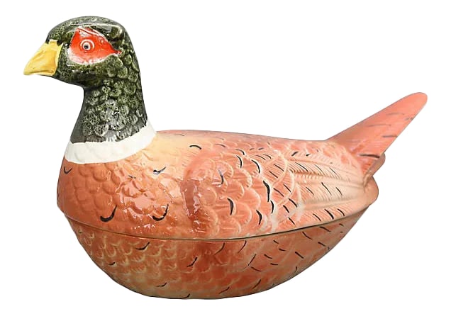 Mid 20th Century French Majolica Pheasant Pate Tureen: French majolica pheasant p?t? tureen. Hand-painted and signed by Michel Caugant. Made in Portugal, painted in France for the French market. Light wear. I will combine shipping whenever possible if