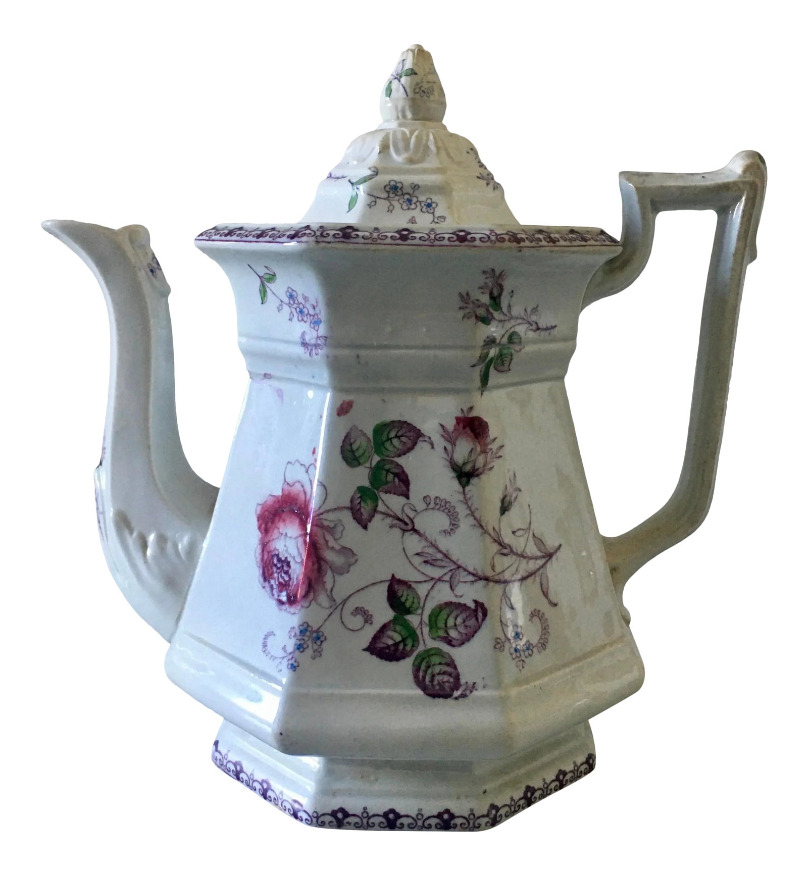 Aesthetic Movement Victorian Teapot With Violet Flowers: Charming Aesthetic Movement circa 1887 teapot with roses in shades of violet and magenta. Marked with a "P". Dimensions: 8.75" x 6" x 9.125" 19th Century Collection GrpD 7.3 Condition: Alterations: