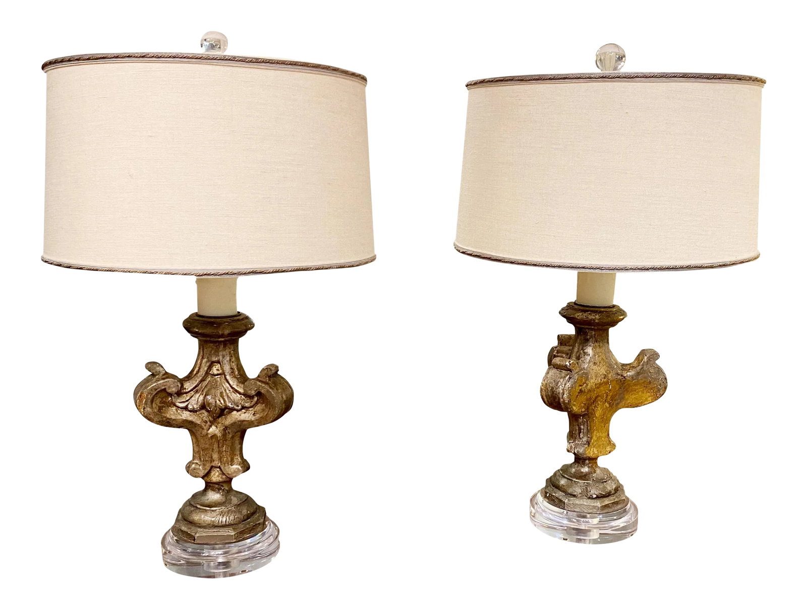 19th Century Antique Fragment Lamps - a Pair: A pair of Antique fragments mounted on new lucite bases as lamps. With Shades Shades - 14" Wide 8.5" High Overall 8" Wide x 8" Deep x 25.5" High Condition: Alterations: Original Condition Unaltered