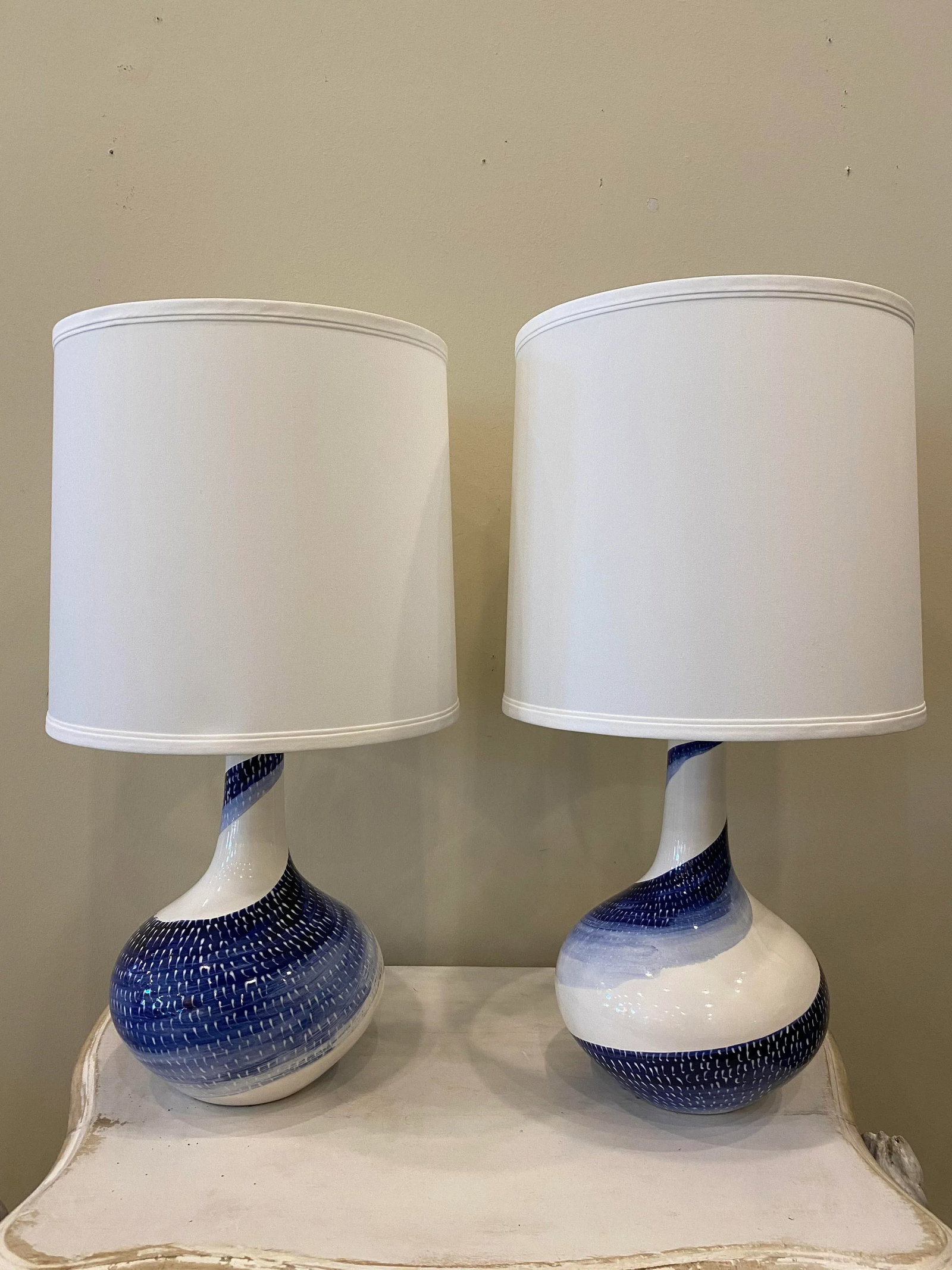 Blue and White Ceramic Lamps- a Pair - 10