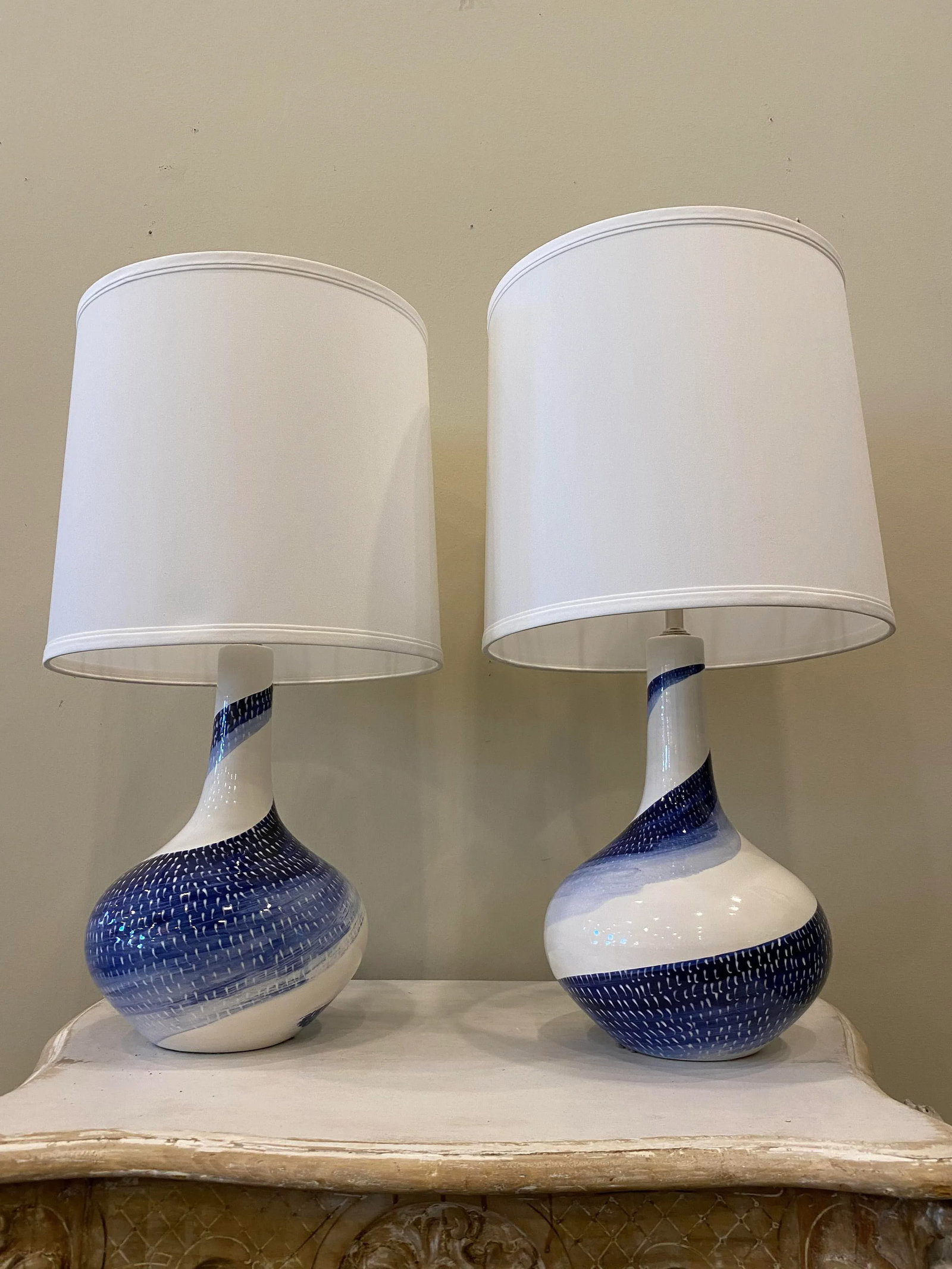 Blue and White Ceramic Lamps- a Pair - 6