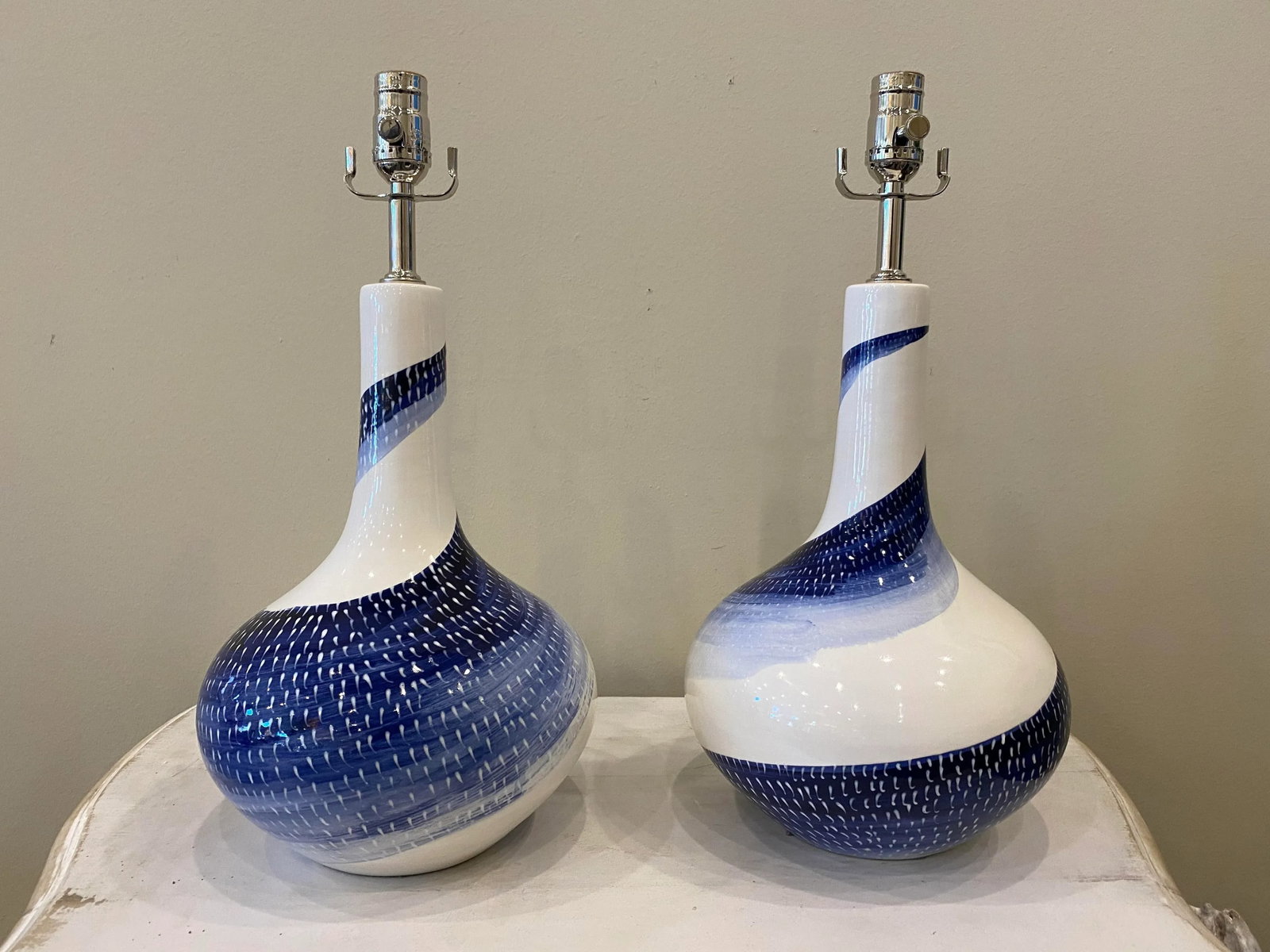 Blue and White Ceramic Lamps- a Pair - 7