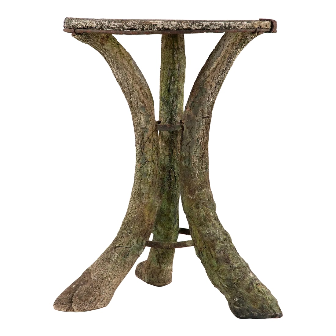 Faux Bois Reconstituted Stone Table, Scotland Early 20th C.: An early 20th-century faux bois table from Scotland, featuring a charmingly rustic design. The round tabletop is supported by three splayed legs, showcasing intricate wood grain details that mimic