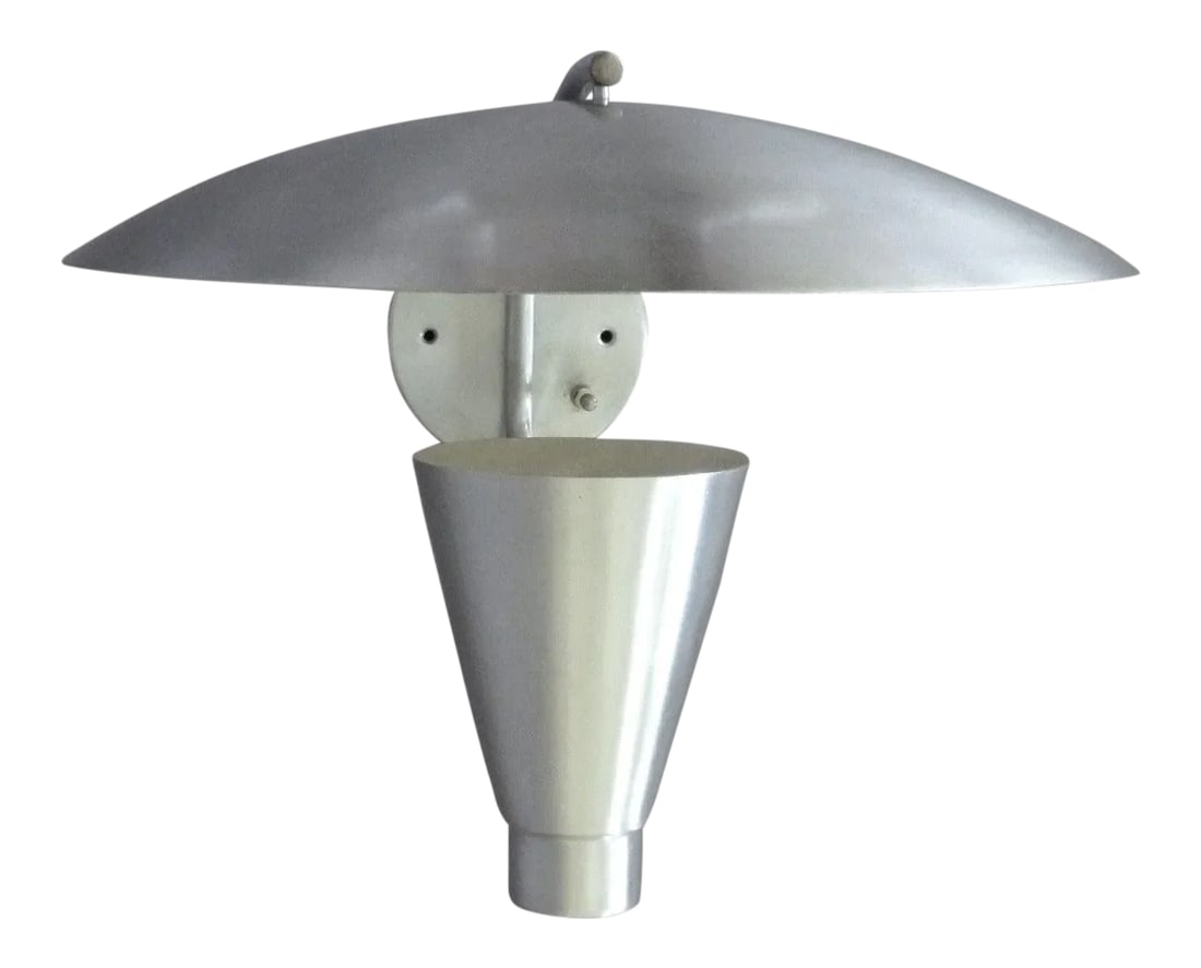 Aluminum Cone with Deflector Wall Sconce: Aluminum cone with deflector wall sconce by Gotham Lighting Measures: 16" diameter x 18" deep off wall x 14" tall. Condition: Alterations: Unknown Imperfections: Some Imperfections Condition Notes: