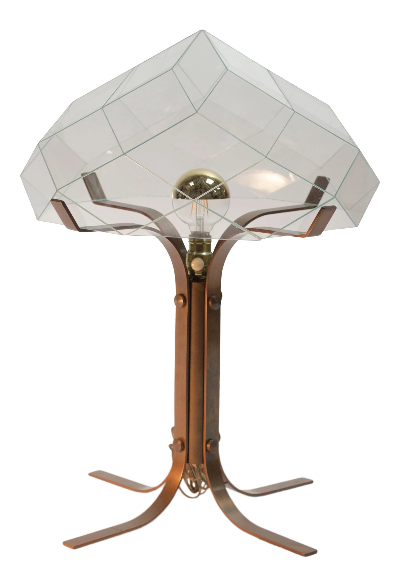 Morrisson Cartier Table Lamp: Incredibly rare Modernist table lamp in bronze with faceted jewel shade consisting of 40 pieces of cut glass. Manufactured and designed by Morrison Lighting c. 1980 Condition: Alterations: Original Co