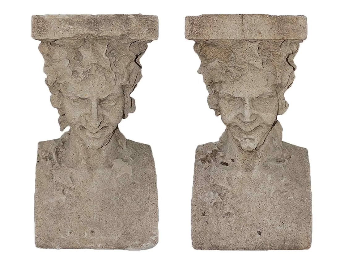 Antique Pedestals Cast Stone Figural Bust and Foliate Design - A Pair - 11
