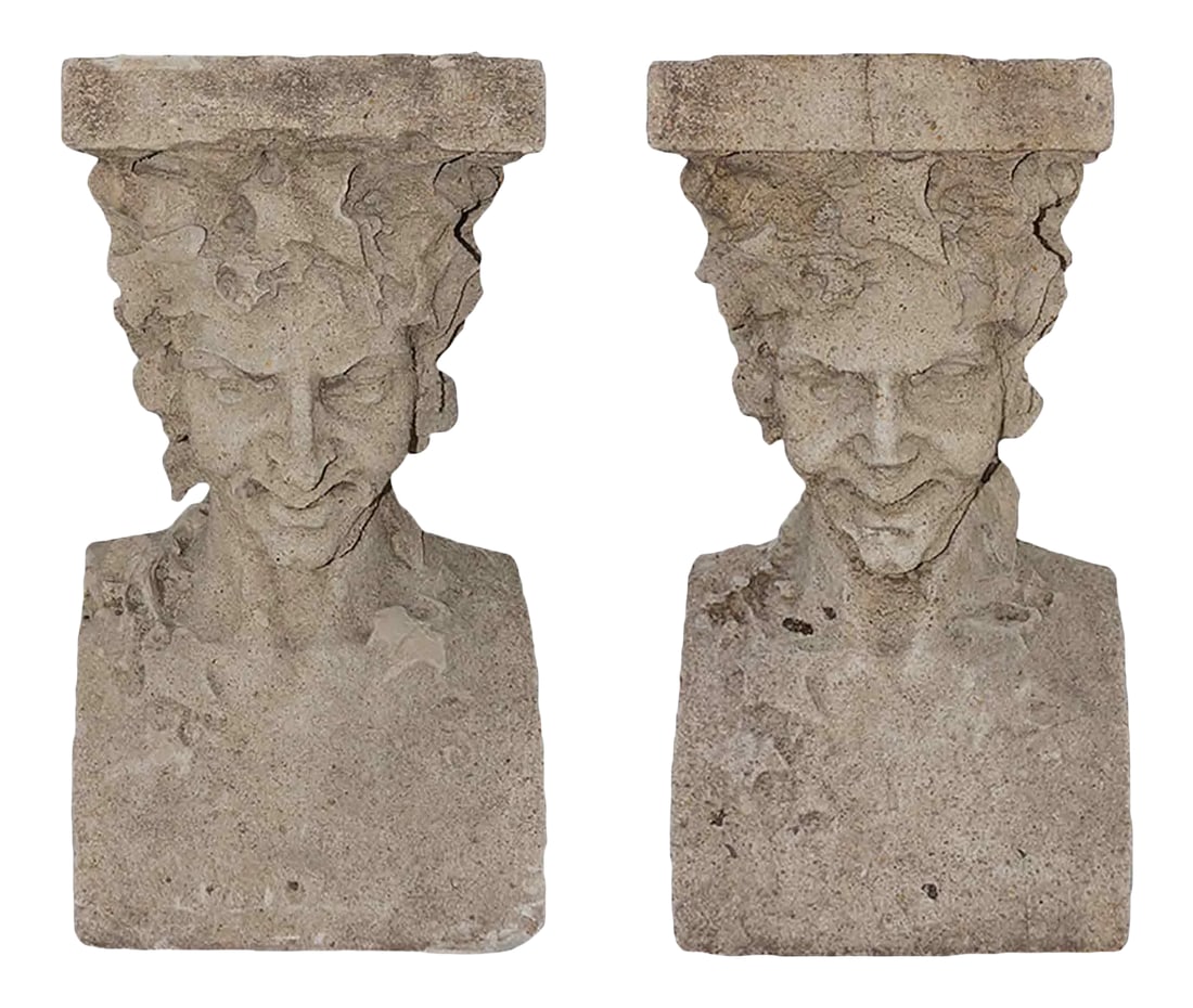 Antique Pedestals Cast Stone Figural Bust and Foliate Design - A Pair: Pair of antique, Late 19th century cast stone pedestals. Figural bust and foliate design. Condition: Alterations: Original Condition Unaltered Imperfections: Some Imperfections Condition Notes: Age