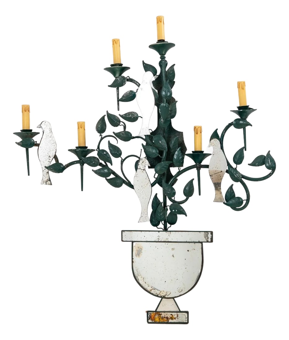 Large Mirrored Birds on Green Tole Vine Wall Sconce, France 1940s (1 of 10)