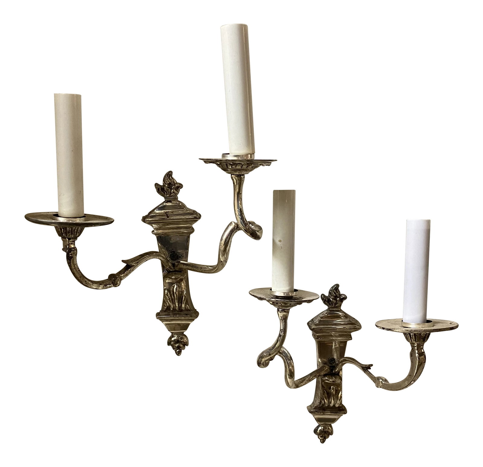 Caldwell Silver Plated Double Arm Sconces - a Pair: Pair of circa 1920's Caldwell silver plated sconces French style with two lights. Two pair available \ price per pair Condition: Alterations: Original Condition Unaltered Imperfections: Some