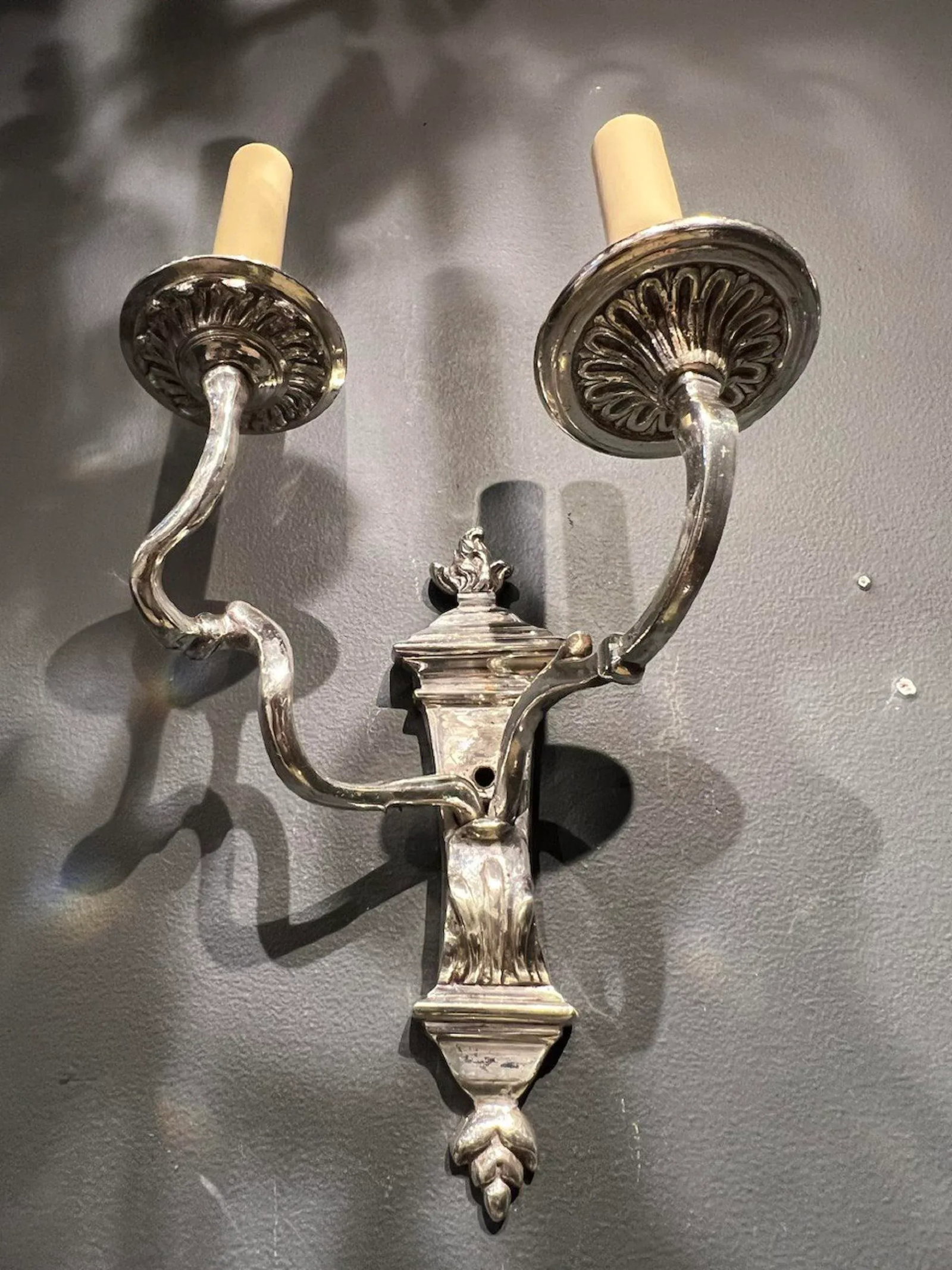 Caldwell Silver Plated Double Arm Sconces - a Pair - 7