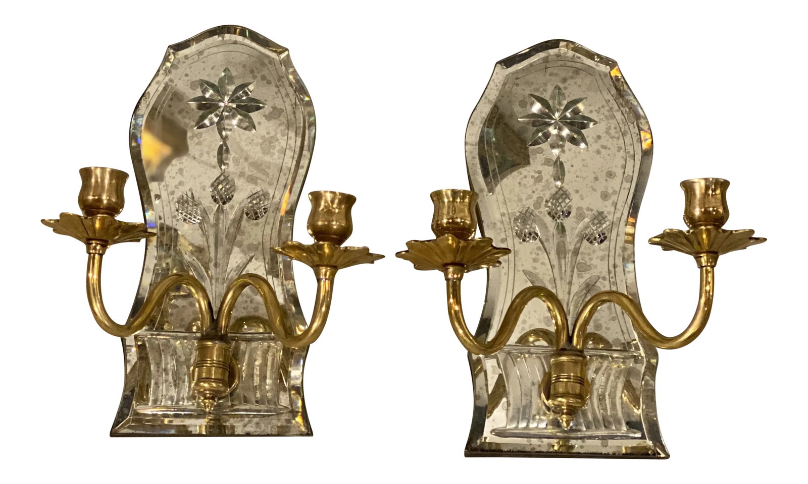 1920s Caldwell Etched Mirror Sconces - Pair: A pair of 1920's Caldwell mirror sconces with two bronze arms Condition: Alterations: Original Condition Unaltered Imperfections: Some Imperfections Condition Notes: Good Origin: United States
