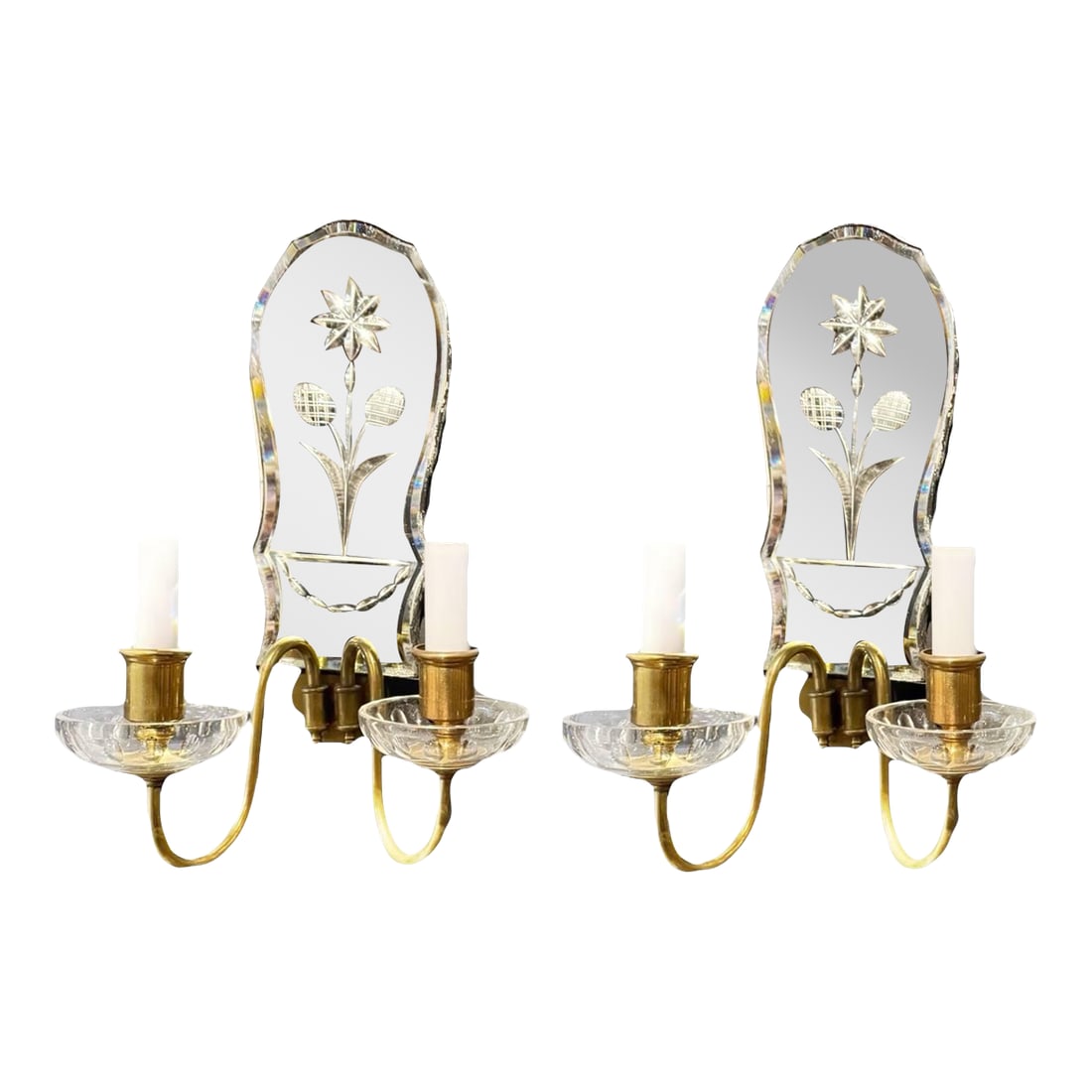 1920 Caldwell Etched Mirror Sconces - Set of 2: Circa 1920's Caldwell etched mirror sconces with two lights and glass cups Condition: Alterations: Original Condition Unaltered Imperfections: Some Imperfections Condition Notes: newly rewired