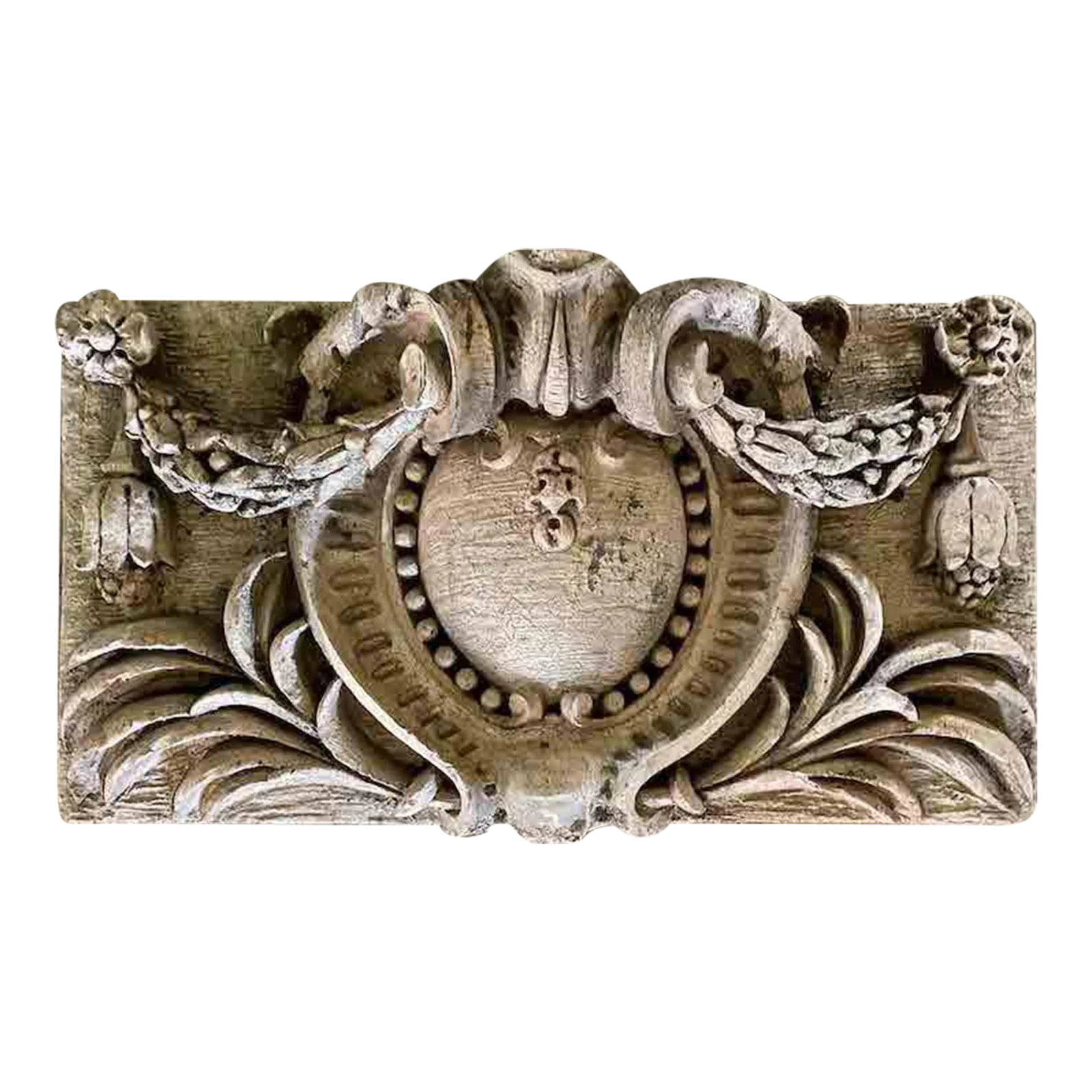 Antique Terracotta Plaque Neo Baroque Style: Antique Neo Baroque style terra cotta plaque featuring a substantial, ornamented central cartouche with scrolled top and acanthus motifs. Extending from the scrolled top is a bell flower festoon with