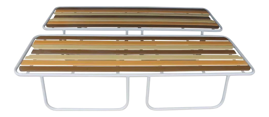 1950s Tropitone Chaises- a Pair: Pair of Tropitone chaises. We powder-coated the bases a satin white. Besides the powder coating they are all original. Each chaise is 72" wide, 24" deep and 13" high. The metal legs flair out and the