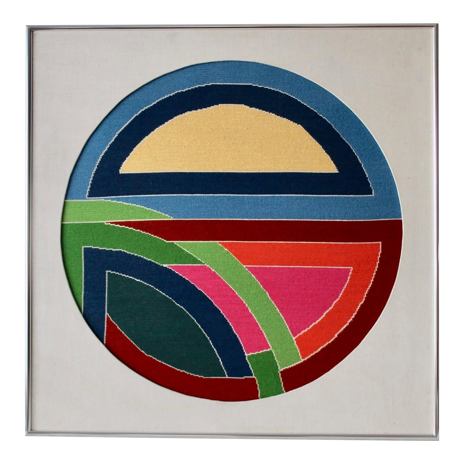 1980s Frank Stella Sinjerli Variation Style Abstract Geometric Modernist Monumental Tapestry Needlep: Frank Stella Sinjerli Variation Style Modernist Monumental Needlepoint Framed. Huge 37" x 37" x 1.25" homage to Frank Stella's Sinjerli Variation series. In gorgeous condition with vibrant colors, no 