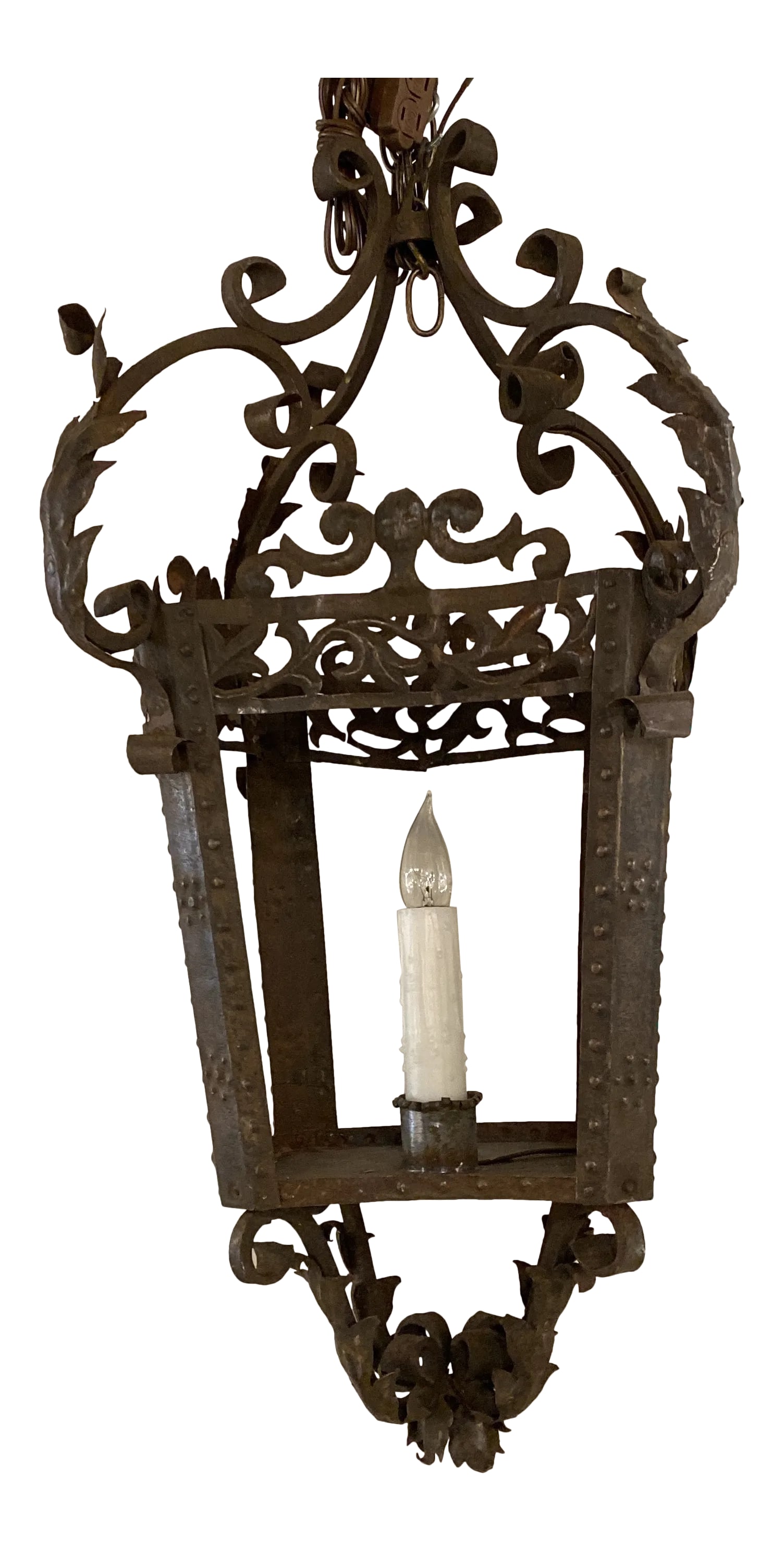 Vintage French 4-Sided Iron Lantern: French 4-sided iron lantern with delicate scroll work. Newly rewired with one wax covered electric candle. Condition: Alterations: Original Condition Unaltered Imperfections: Some Imperfections Condit